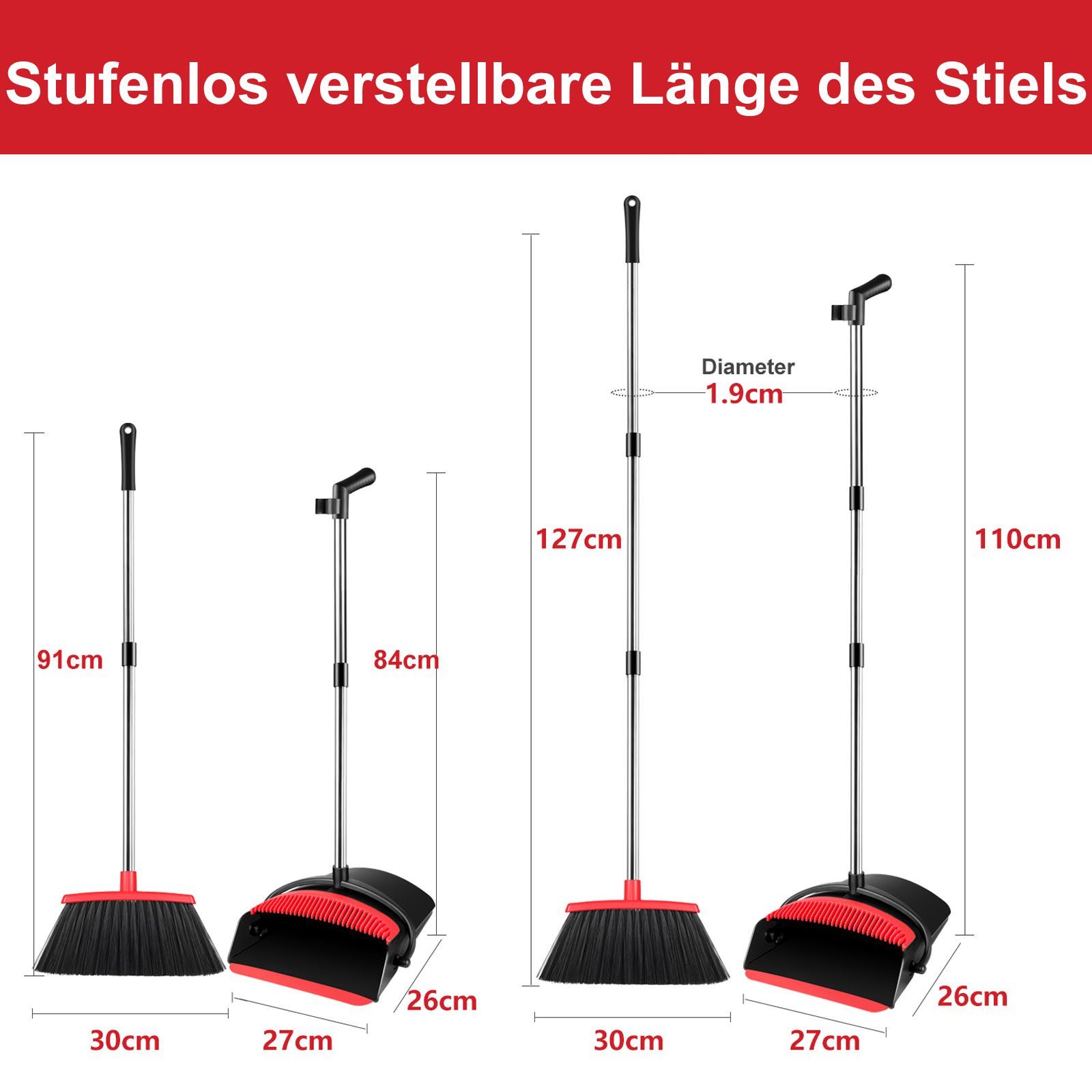 VOSSBACH Kehrgarnitur Besen und Kehrschaufel Set Kehrset Kehrbesen Schaufel, Edelstahl verlängerbar inkl. Wandhalterung – Bild 3 von 5