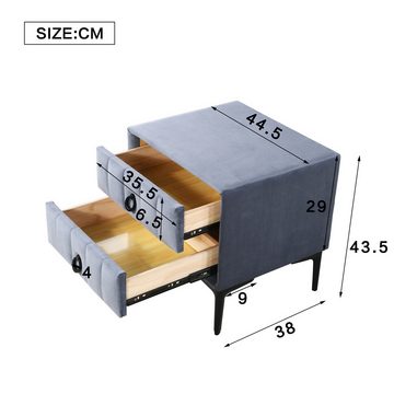 Flieks Nachttisch, Gepolsterter Nachttisch mit 2 Schubladen Samt Bezug 44.5x38x43.5cm