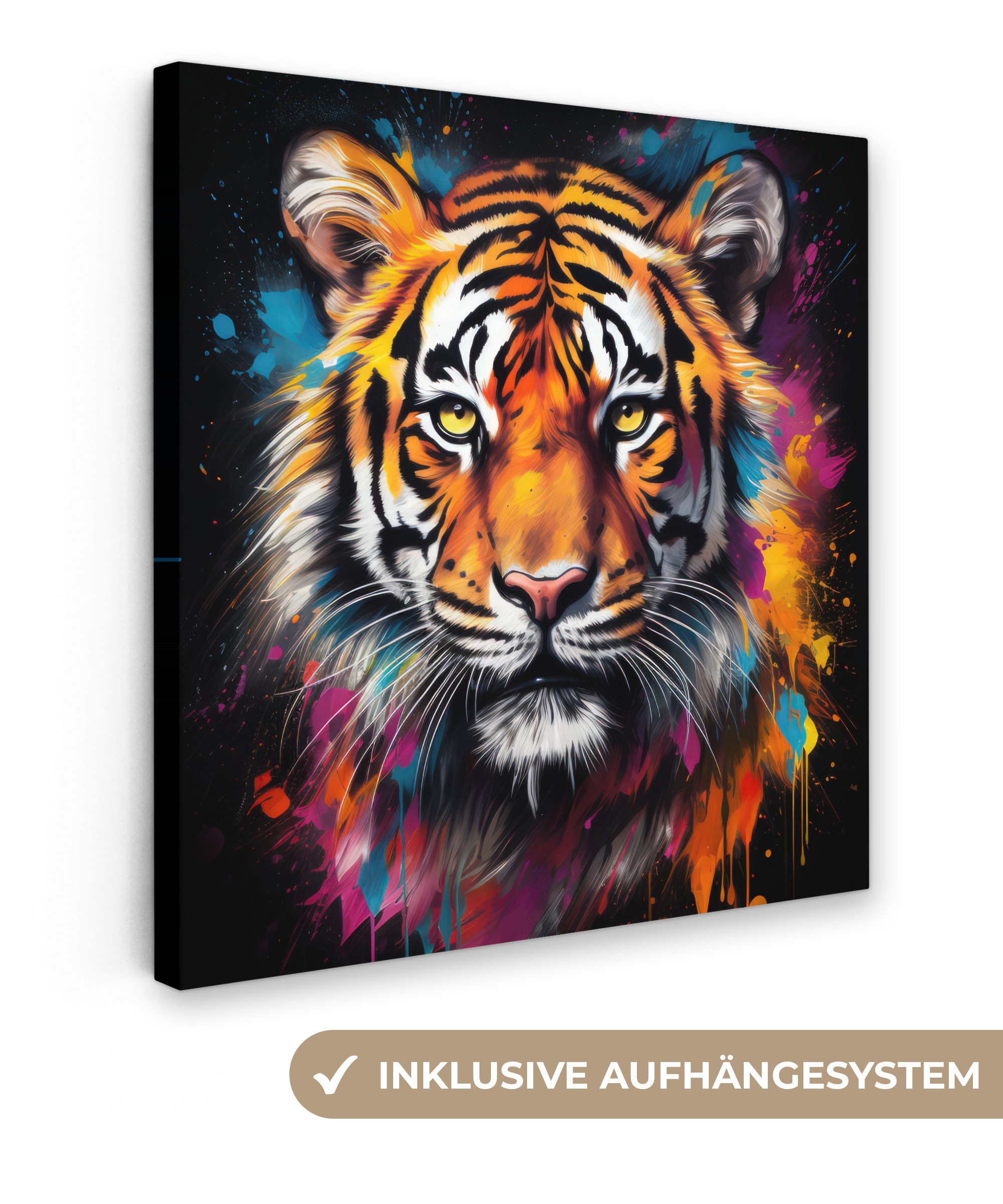 OneMillionCanvasses® Leinwandbild Tiger - Graffiti - Tiere - Schwarz, Fotodruck (1 St), Wandbild, Deko Schlafzimmer Wohnzimmer Flur 20x20 cm