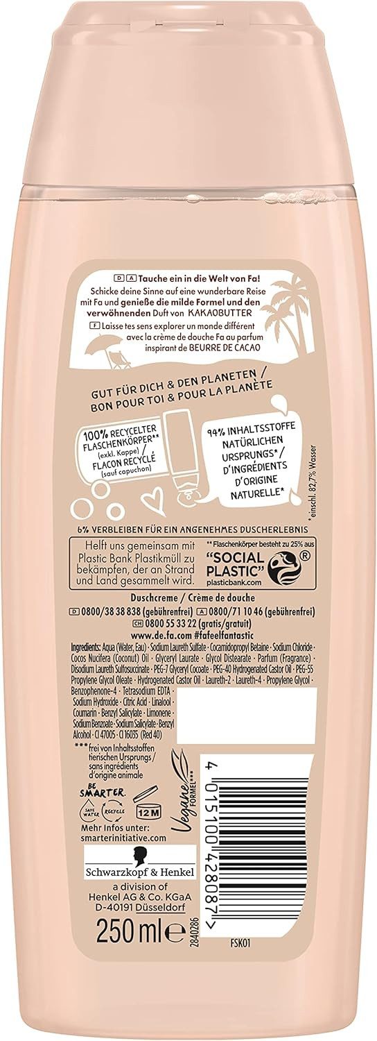 FA Duschgel Duschcreme Cream & Oil Cacao, 6x 250 ml, 6-tlg., milde & vegane Formel, verwöhnender Duft