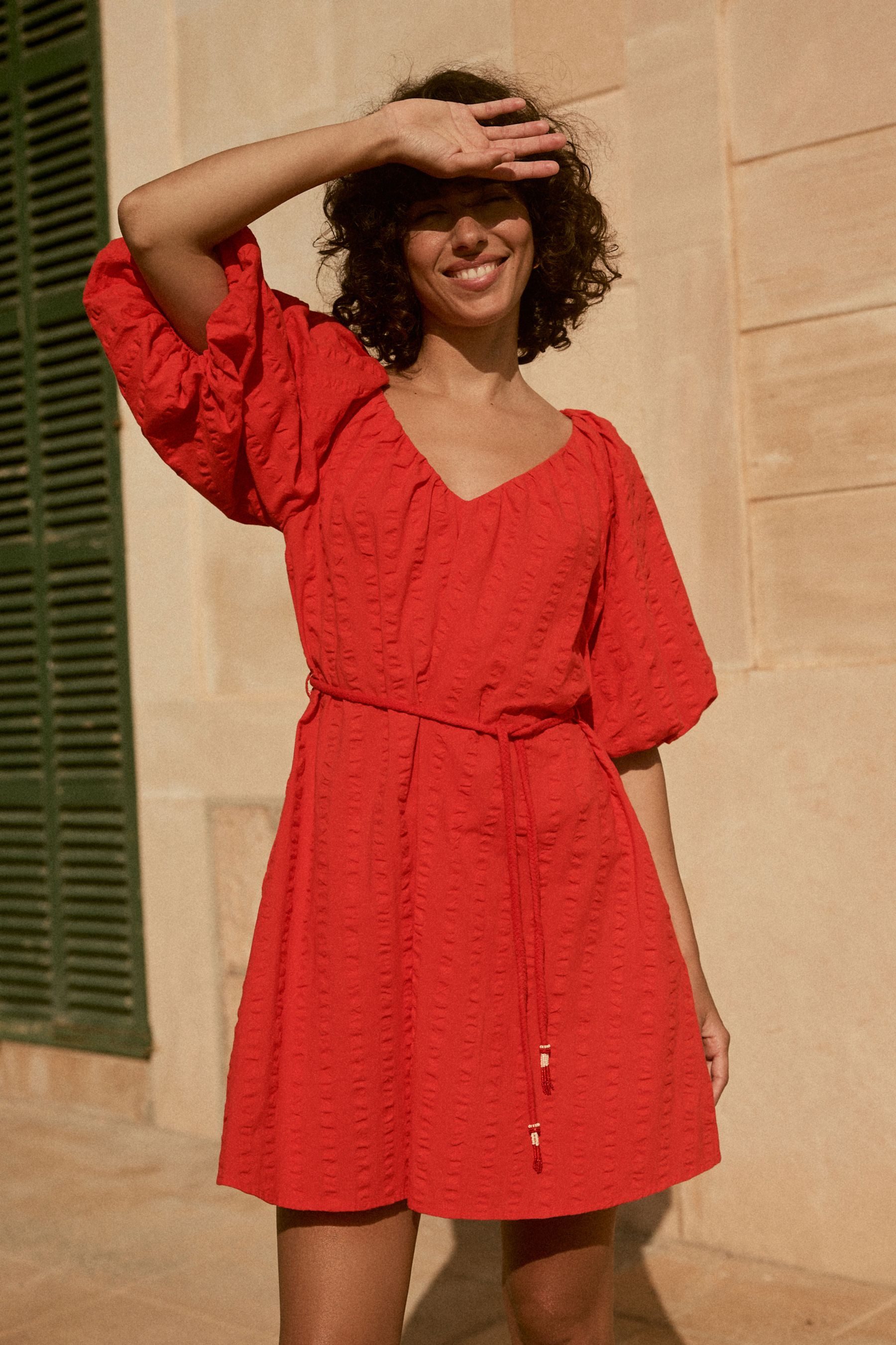 Next Strandkleid Minikleid aus 100 % Baumwolle mit Puffärmeln (1-tlg)