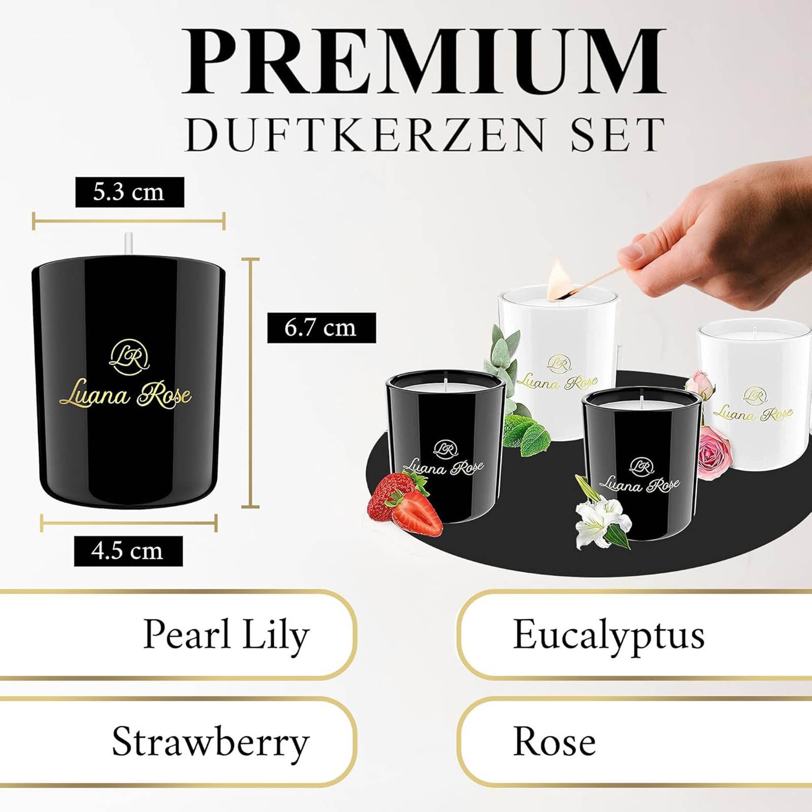 Luana Rose Duftkerze Aromakerze Geschenkset Duft Sojawachs Kerze (4-tlg), 4 Verschiedene Düfte Rose, Pear Lily, Eucalyptus und Erdbeere je 70g