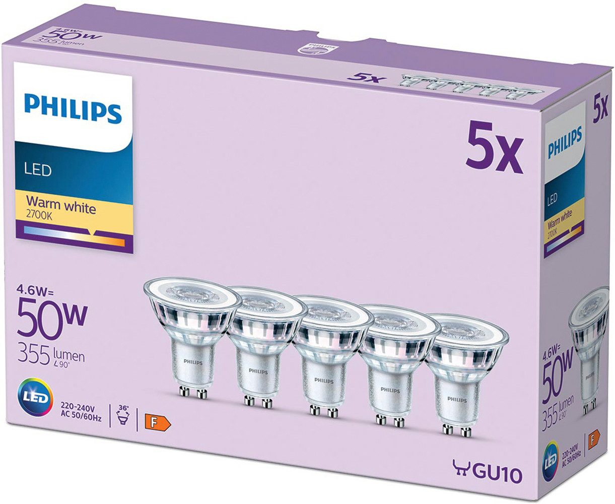 Philips LED-Leuchtmittel Classic GU10 Lampe, ersetzt 50W, 5er Pack, GU10, 5 St., Warmweiß, warmweiß, nicht dimmbar