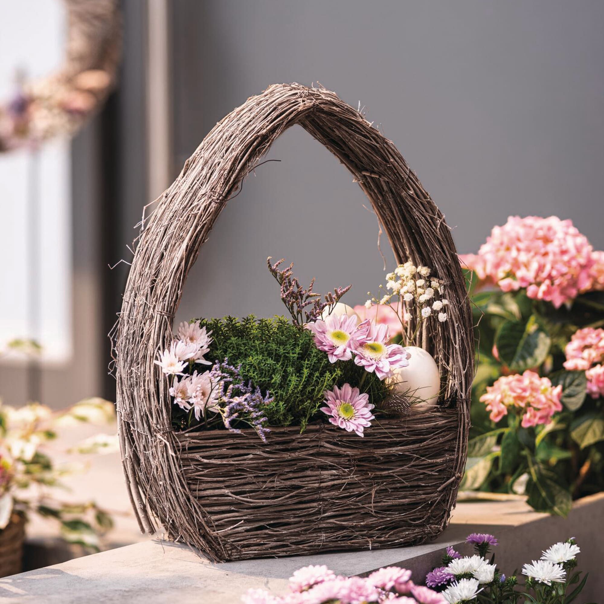 Dekoleidenschaft Pflanzschale "Grey" aus Reisig, grau, Pflanzkorb handgefertigt, Blumentopf 30x15 cm, zum Bepflanzen, Pflanztasche