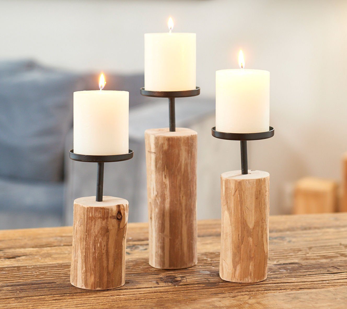 Spetebo Tischkerzenhalter Eukalyptus Kerzenhalter 3er Set - 24 / 19 / 15 cm (Set, 3 St., 3 Kerstenhalter), Fensterbank- Tisch- Sideboard-Deko – Bild 3 von 3