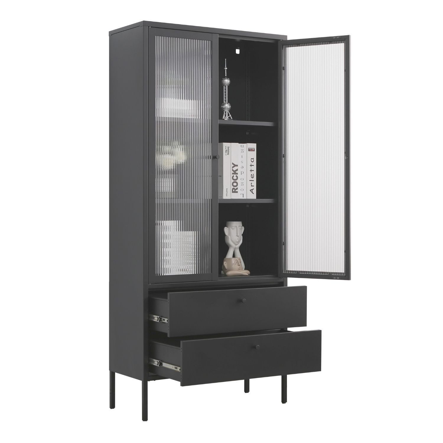 Mein-Regal Standvitrine PARIS Schwarz, Vitrine Metall Glastüren Schubladen stabil Hochschrank 180 cm