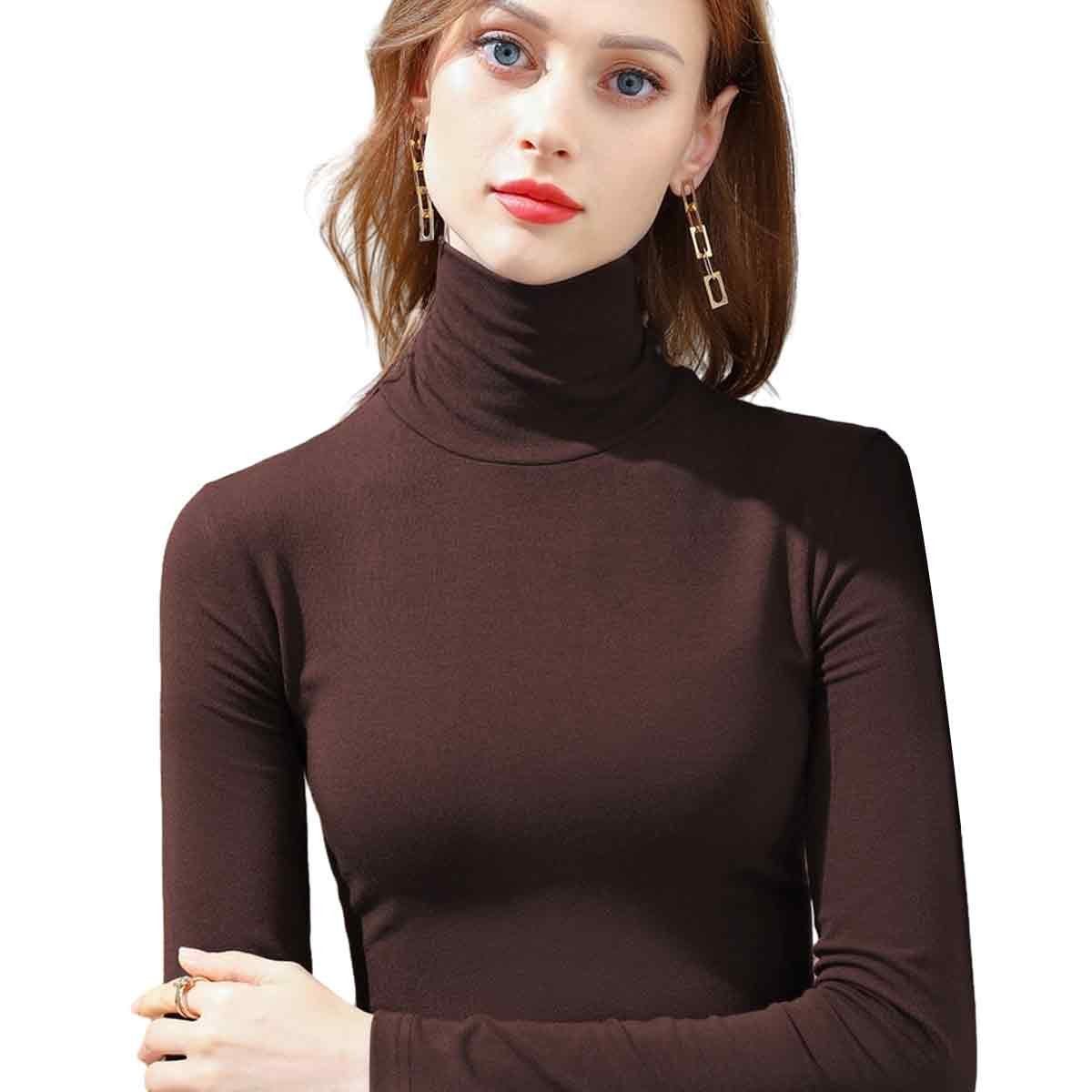 Damen Jormftte Pullover Elegant Slim Winter Thermounterhemd Fit für Brown Caramel Langarm
