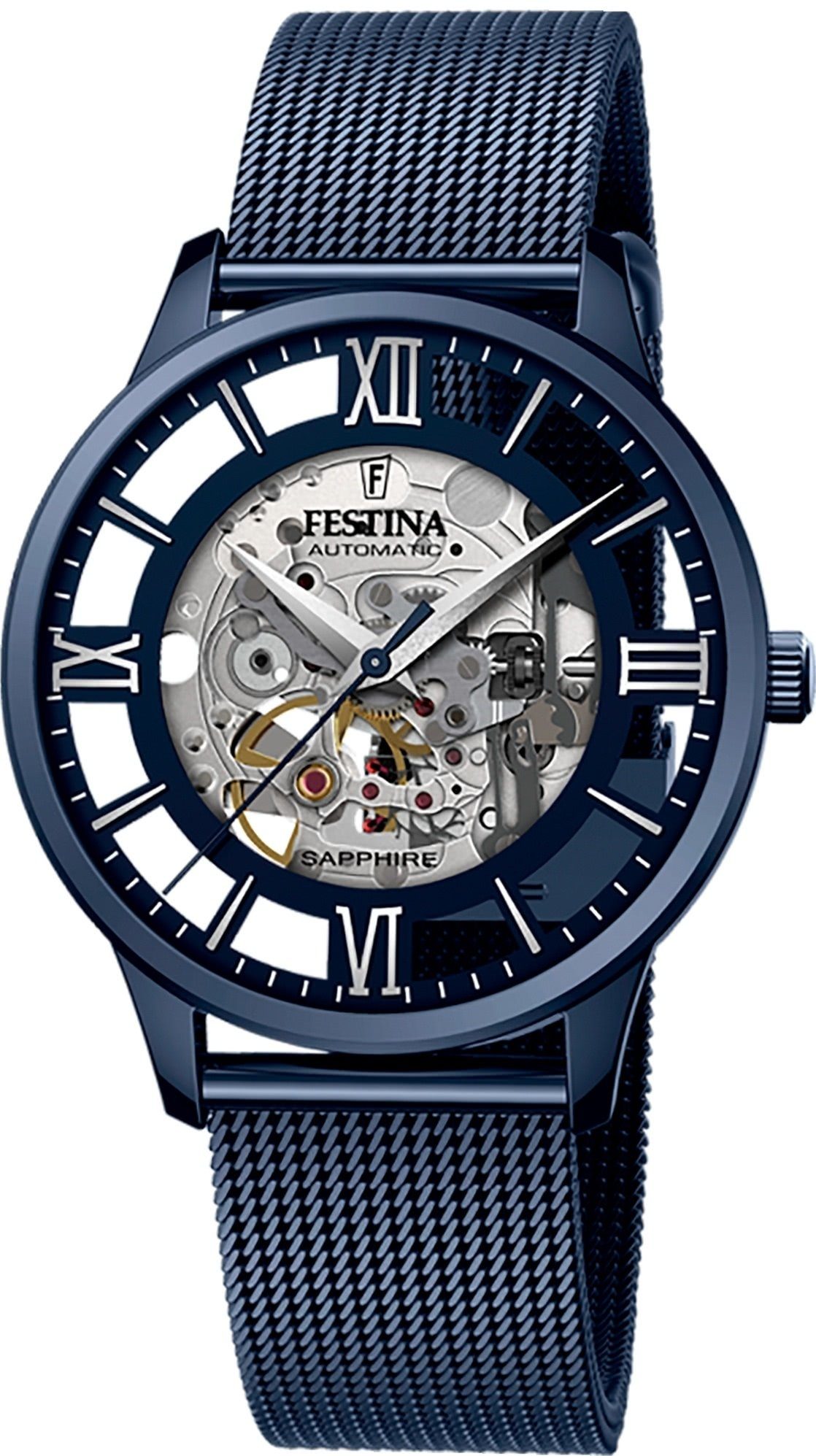 Festina Quarzuhr Festina Herrenuhr Automatik, (Analoguhr), Herren Armbanduhr rund, Edelstahlarmband silber, Elegant