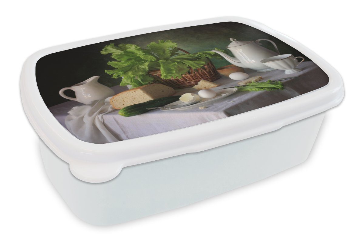 MuchoWow Lunchbox Stilleben - Lebensmittel - Teekanne - Käse - Krug - Salat - Eier, Kunststoff, (2-tlg), Brotbox für Kinder und Erwachsene, Brotdose, für Jungs und Mädchen weiß