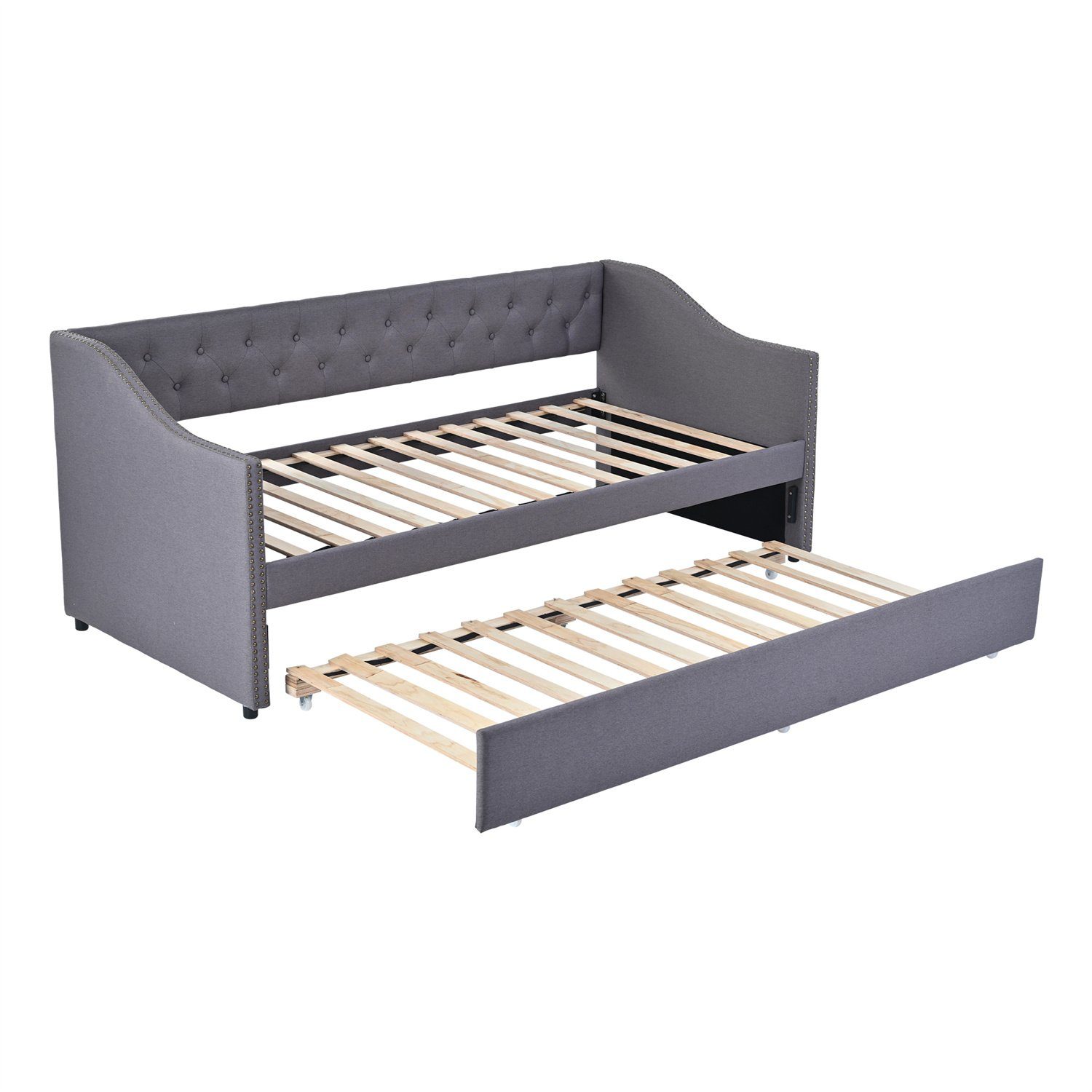 Daybett (Polsterbett mit Ausziehbarem Unterbett und Lattenrost), Schlafsofa Kinderbett Gästebett 90x200cm, Leinen