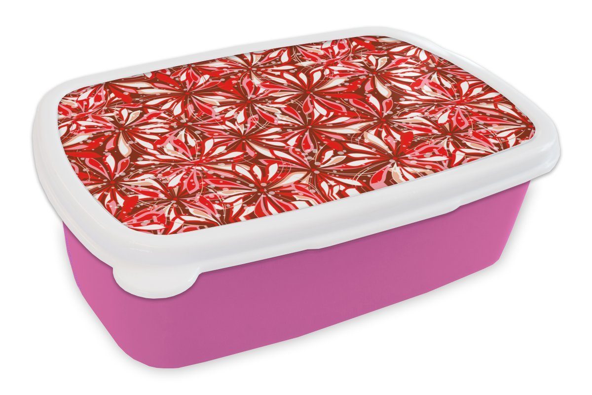 MuchoWow Lunchbox Blüte - Rot - Muster - Blumen, Kunststoff, (2-tlg), Brotbox für Erwachsene, Brotdose Kinder, Snackbox, Mädchen, Kunststoff rosa