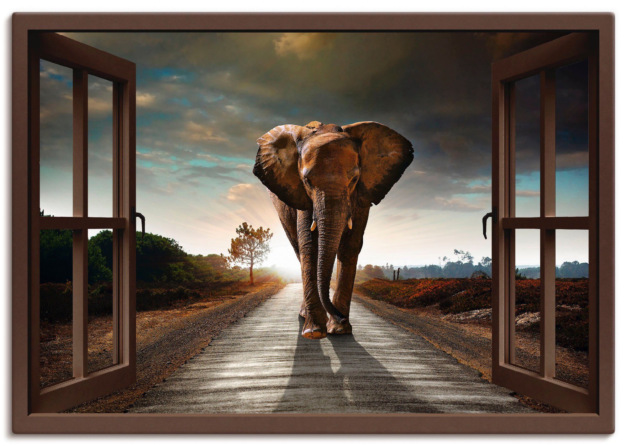 Artland Wandbild Elefant auf Straße, Fensterblick (1 St), als Leinwandbild,  Wandaufkleber oder Poster in versch. Größen, Fertig zum Aufhängen für  einfache Montag