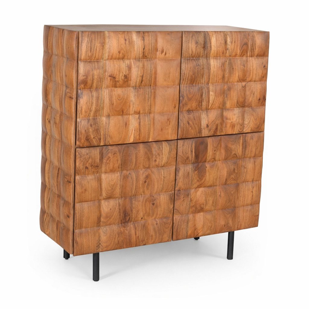CASA DOMA Highboard Toledo, Sideboard, Kommode, 4 Türen, Push-to-open-Funktion, Akzienholz massiv braun, Relief-Front, Metallfüße schwarz