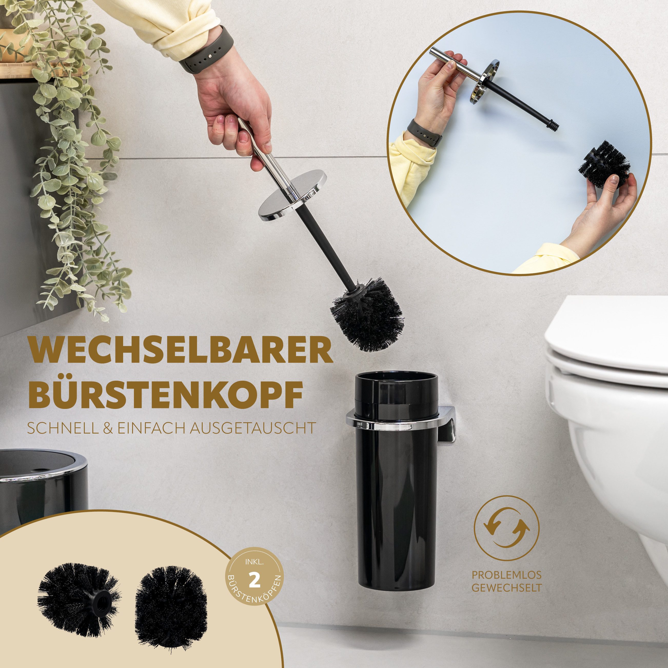 bremermann WC-Reinigungsbürste WC-Garnitur SAVONA inkl. Wandhalterung, rund, schwarz