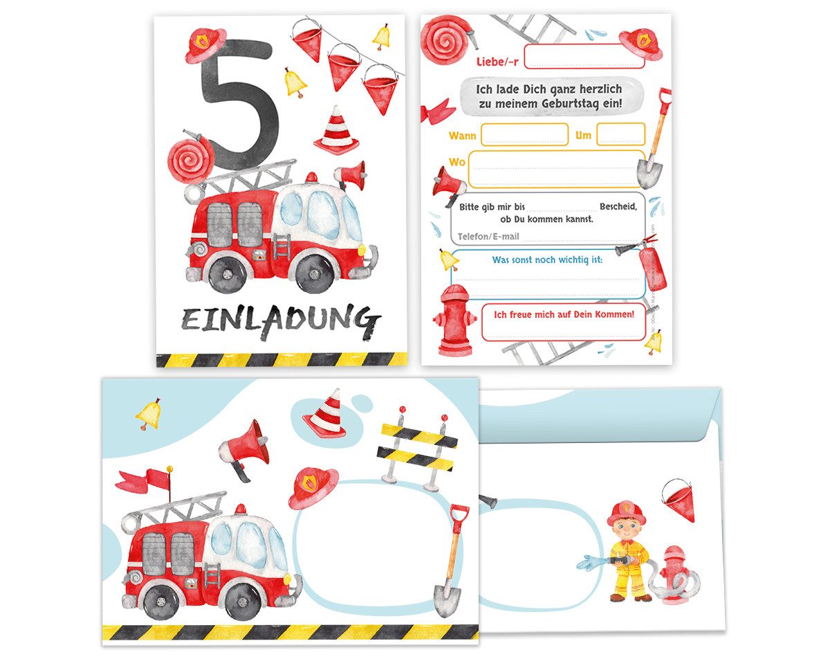 JUNAPACK Einladungskarten Feuerwehr zum 5. Kindergeburtstag Karten Einladungen mit Umschlägen, Einladungskarten mit Umschlägen zum fünften Geburtstag Feuerwehr