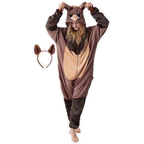 Corimori Partyanzug Flauschiges Wildschwein-Kostüm für Erwachsene mit Haarreif,  Karneval, Waldtiere