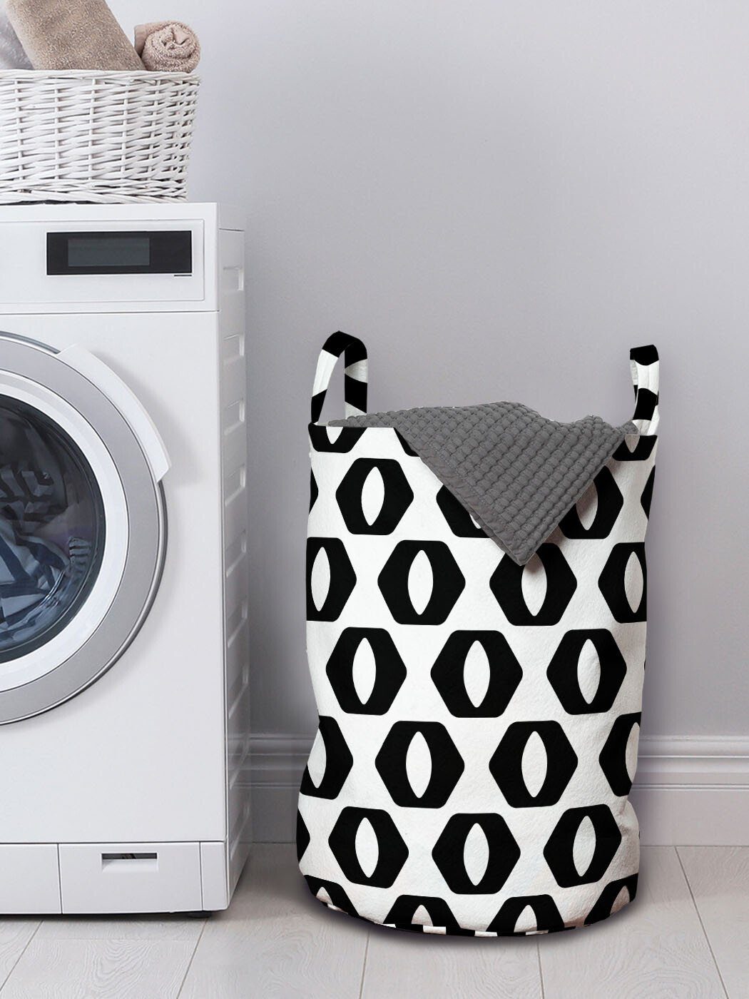monotone für Griffen und Hexagons mit Schwarz Waschsalons, Abakuhaus Wäschekorb weiß Kordelzugverschluss Wäschesäckchen