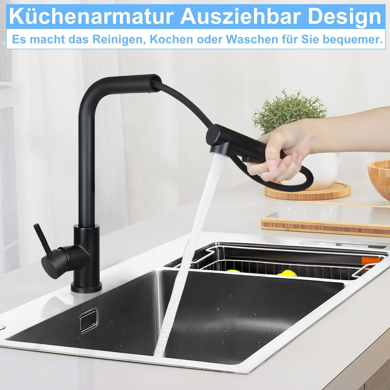 ZMH Küchenarmatur Ausziehbar mit Brause Mischbatterie mit 2 Strahlarten Kitchen (Set, 7-St., 1. Waschtischarmatur 2. Schwerkraft Kugel 3. Schlauch(60CM)
