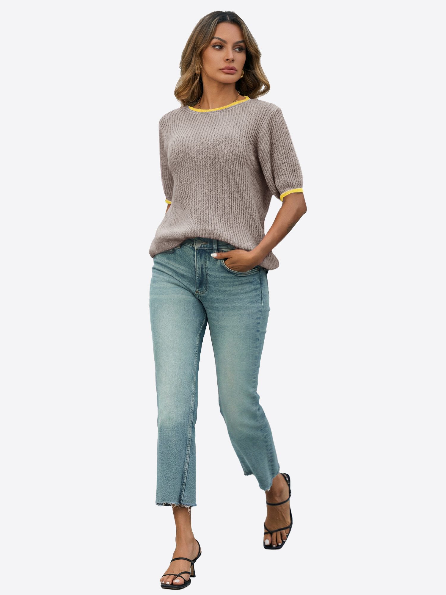 Imily Bela Kurzarmpullover Damen Kurzarm Strickpullover mit Puffärmeln Rundhals Sommer (Packung, 1-tlg., 1per-Pack) mit Kontrastborten gehäkelt