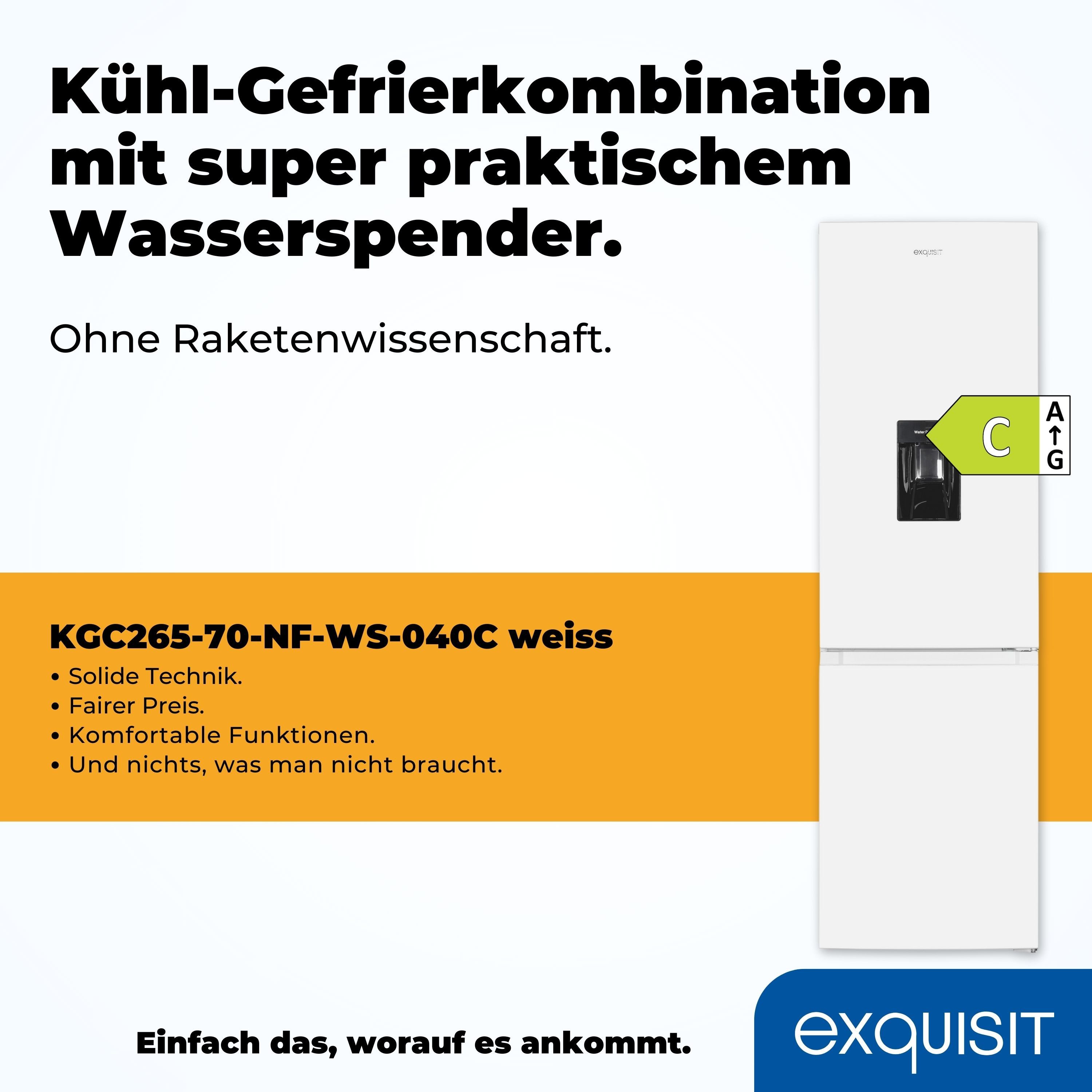 exquisit Kühl-/Gefrierkombination KGC265-70-NF-WS-040C, 180,5 cm hoch, 54 cm breit, EEK C, 251 L Nutzinhalt, NoFrost, Wasserspender