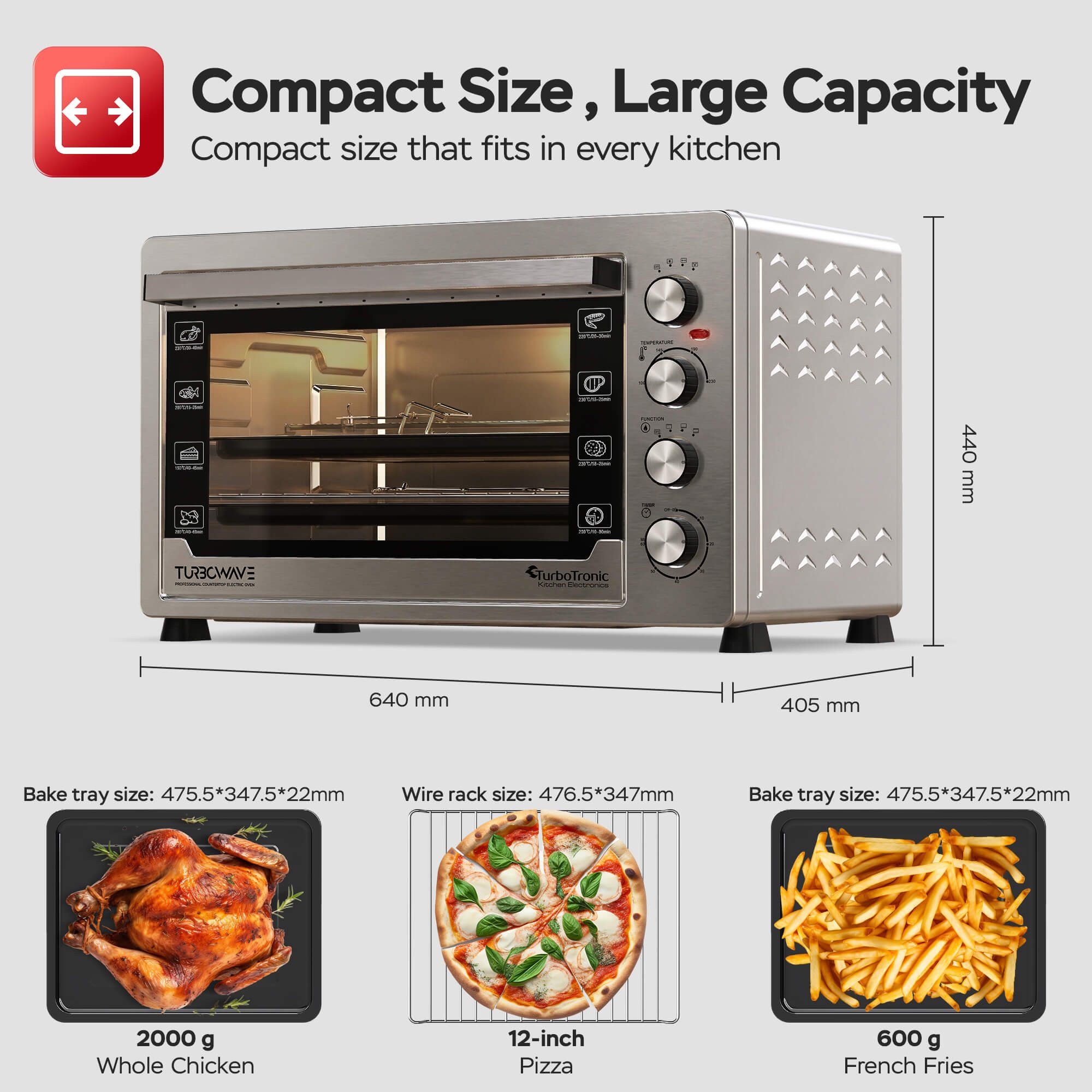 TurboTronic by Z-Line Minibackofen 2500 W 60 Liter Mini Backofen mit Umluft Drehspieß Grill Pizzaofen, Minibackofen 60 Liter, Tischbackofen mit Umluft, freistehend, Miniofen