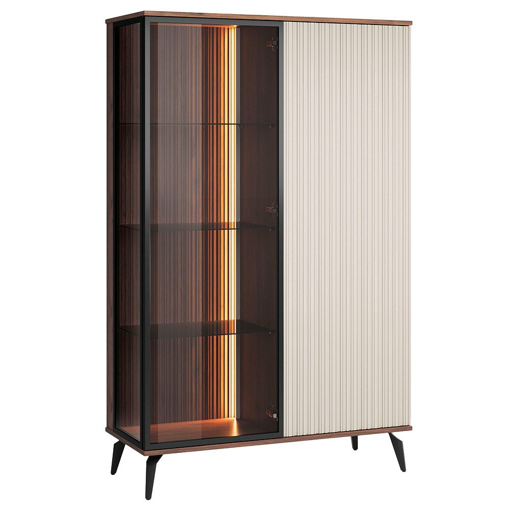 Lomadox Highboard VIC-160, Eiche Kaschmir Beige Rillen 103 cm Metallfüße Beleuchtung Push-to-open