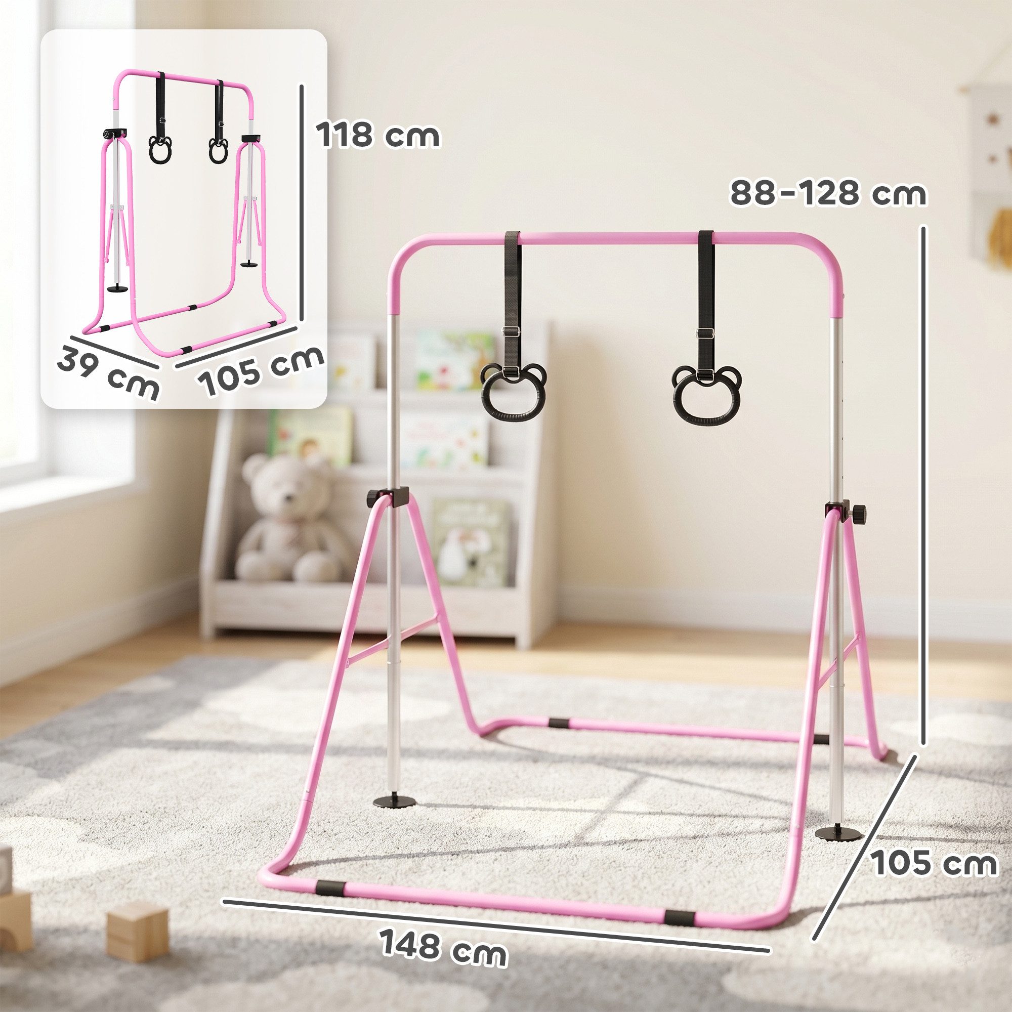 HOMCOM Turnreck Gymnastikstange für Kinder, Turnstange ab 3 Jahre, 88-128cm, (Reckanlage, 1-St., Reckstange), für Indoor bis 50 kg belastbar Stahl Rosa
