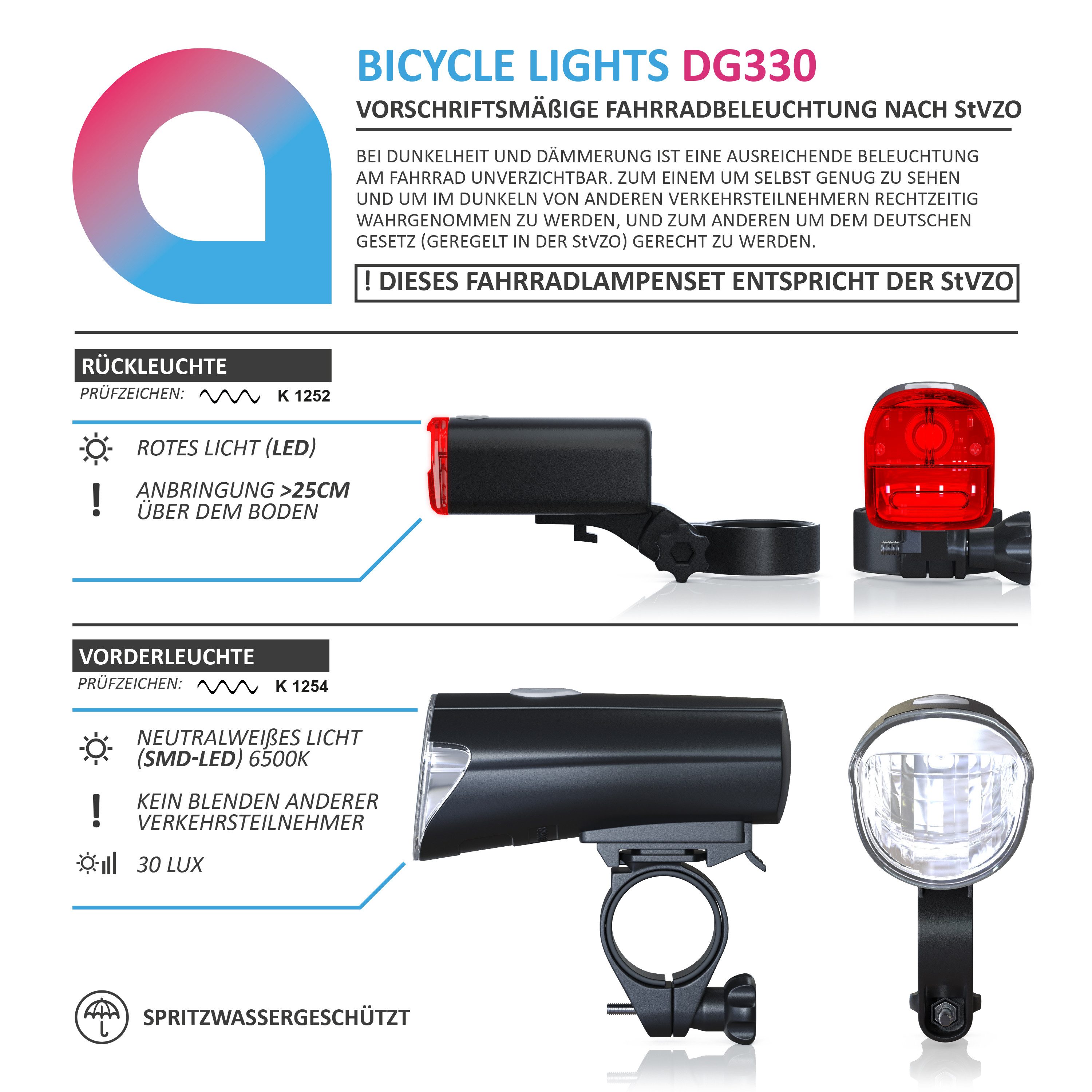Aplic Fahrradbeleuchtung LED Fahrradlicht Set StVZO zugelassen, 30 Lux, Front & Rücklicht, Fahrradlampe, Fahrradlampenset, Rück & Frontlicht, batteriebetrieben