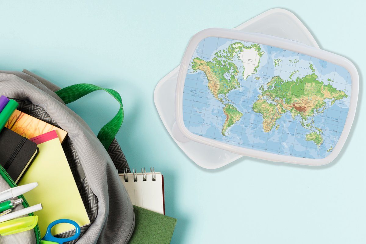 MuchoWow Lunchbox Weltkarte - Atlas - Topographie, Kunststoff, und Jungs weiß (2-tlg), Brotbox und Mädchen für für Brotdose, Kinder Erwachsene