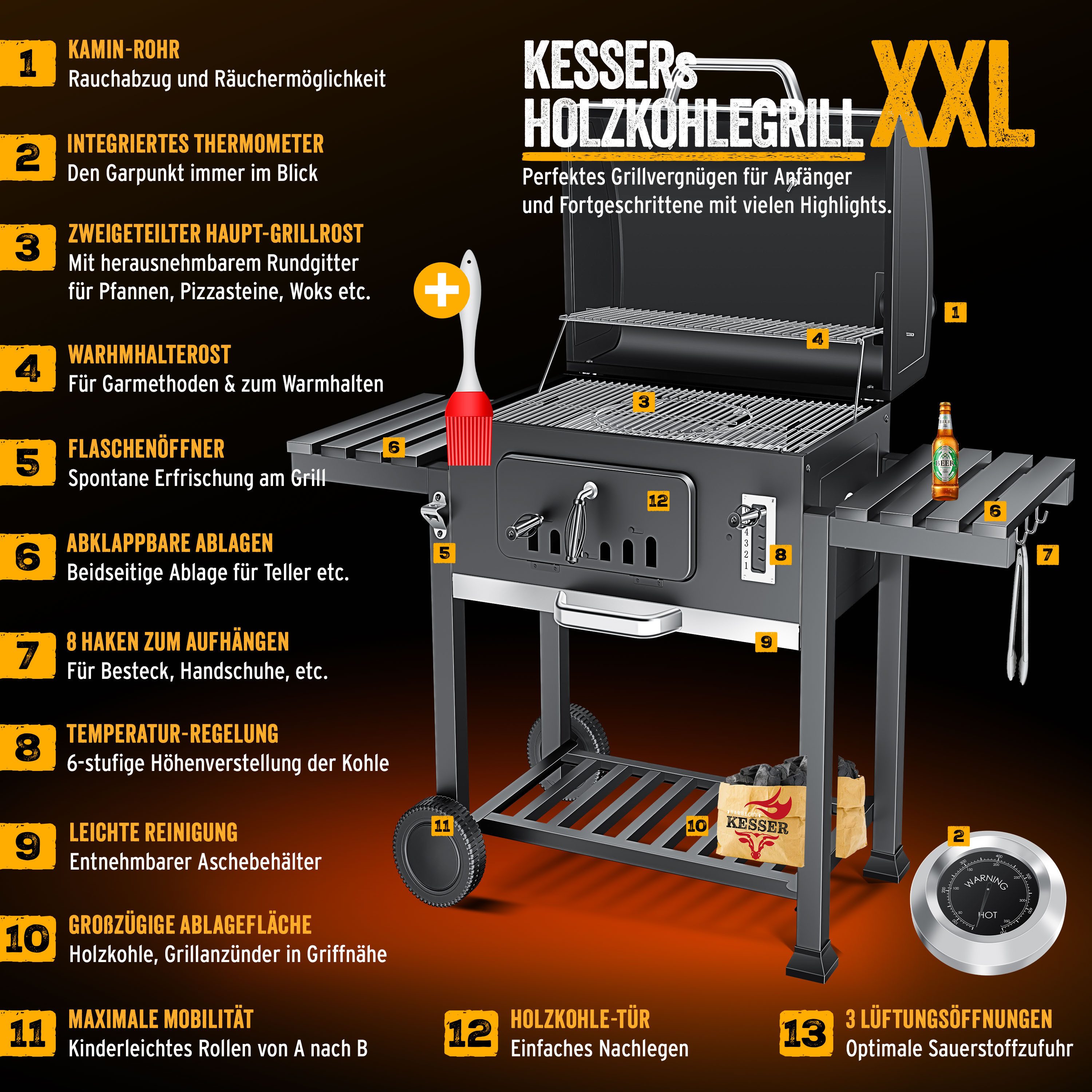KESSER Holzkohlegrill Grill Grillwagen BBQ Smoker XXL Holzkohlegrill mit Deckel, Rädern, Edelstahl-Griff, Grillrost und Thermometer Standgrill Kohlegrillwagen