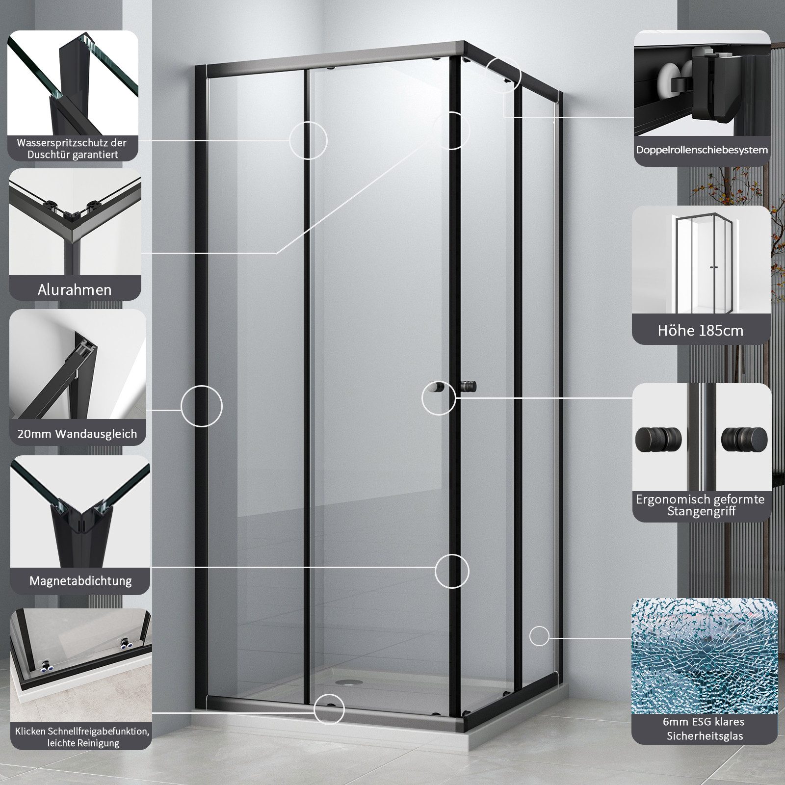 Hopibath Eckdusche Duschkabine Schwarz 80x80 100x100 100x80, BxT: 80x75 cm, 5mm ESG, Eckeinstieg, mit Magnetdichtleisten, Aluprofile mit 20mm Verstellbereich
