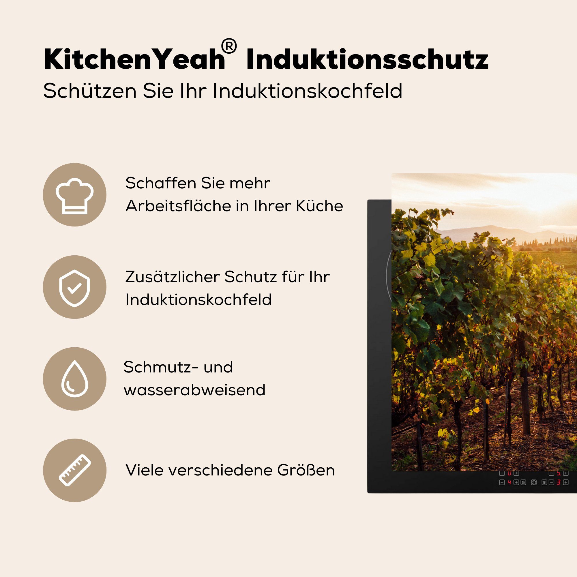 MuchoWow für Toskana küche, Landschaft 81x52 Weinberge, Vinyl, Herdblende-/Abdeckplatte - Induktionskochfeld tlg), (1 - Ceranfeldabdeckung die cm, Schutz