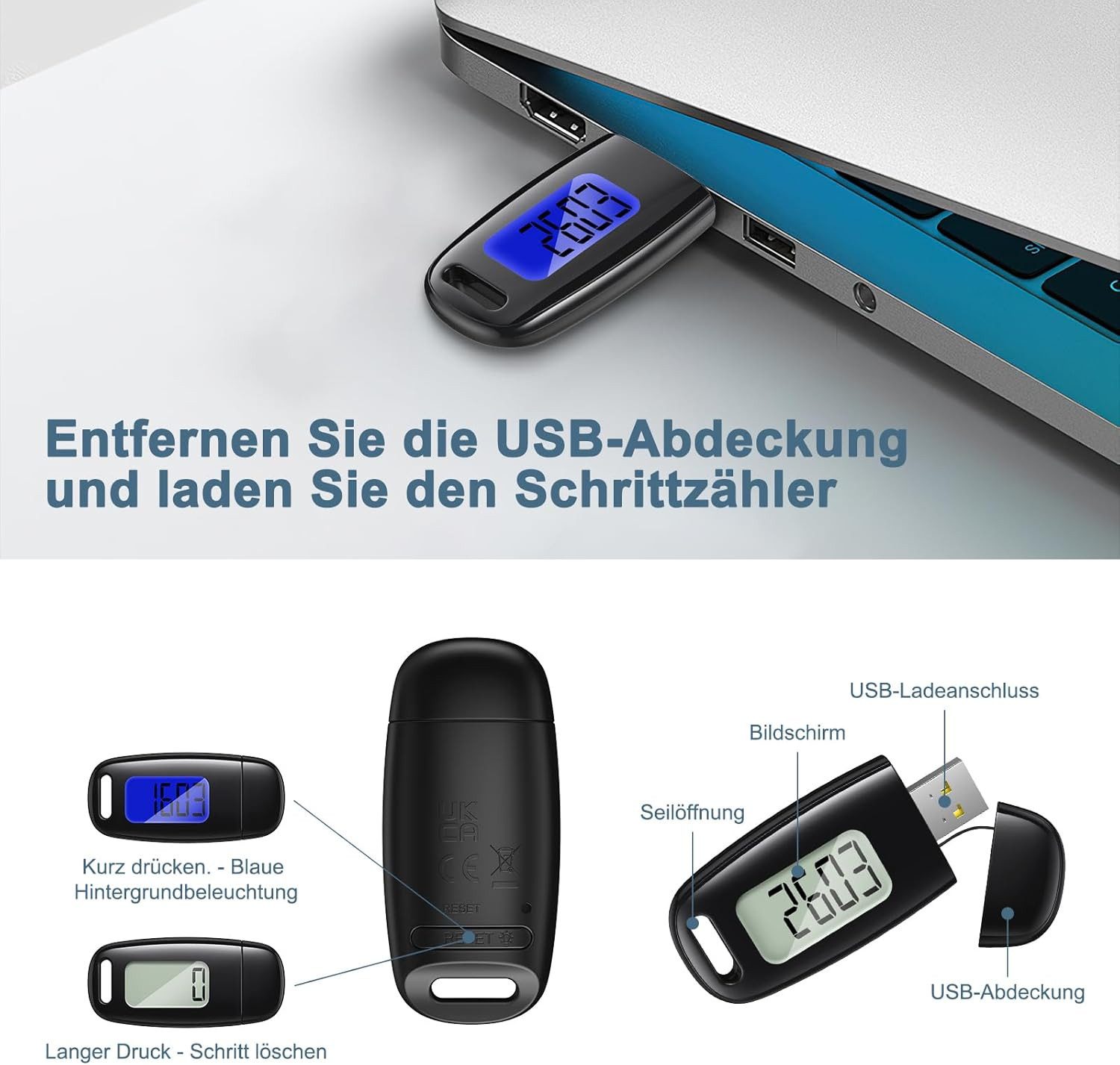 nsihing Schrittzähler 3D-Schrittzähler, USB-aufladbarer Schrittzähler zum Gehen, große Bildschirmanzeige, einfacher Schrittzähler