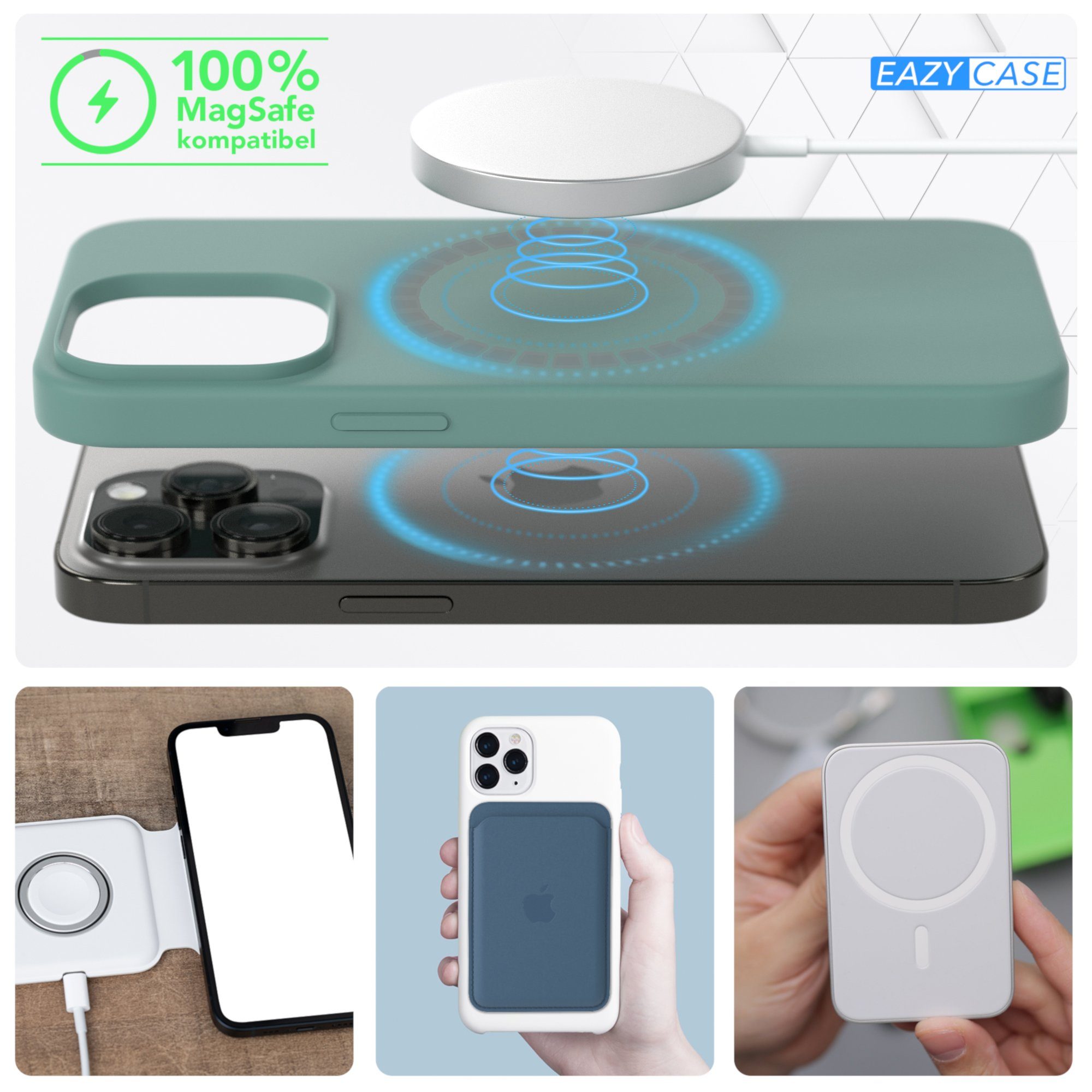 EAZY CASE Handyhülle Silikonhülle mit MagSafe für iPhone 14 Pro Max 6,7 Zoll, Smart Slimcover Displayschutz Handycover Hülle mit MagSafe Dunkelgrün