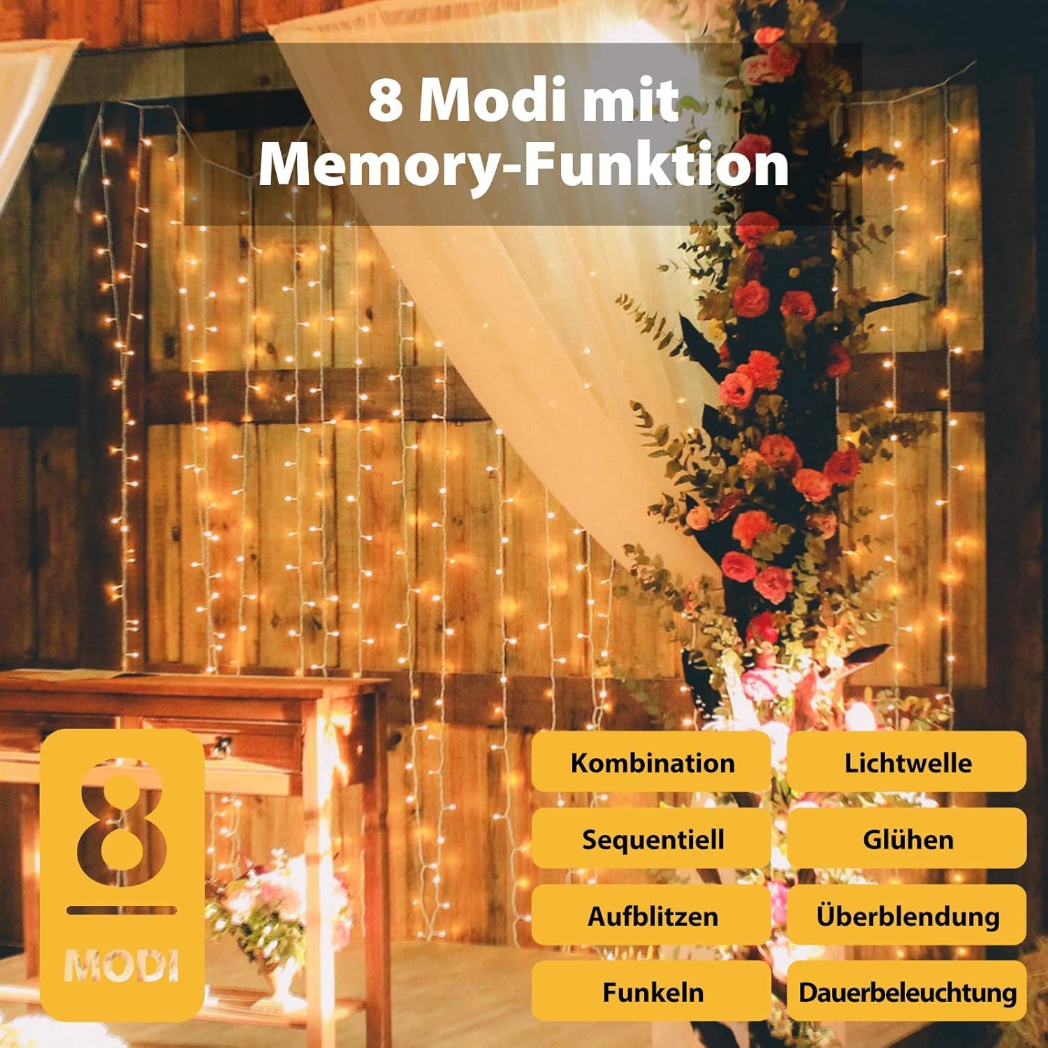 Salcar LED-Lichterkette LED Lichtvorhang Weihnachten Lichterkette 8 Beleuchtungsmodi, Timer und Memory-Funktion, Spritzwassergeschützt, 3 x 3m Warmweiß