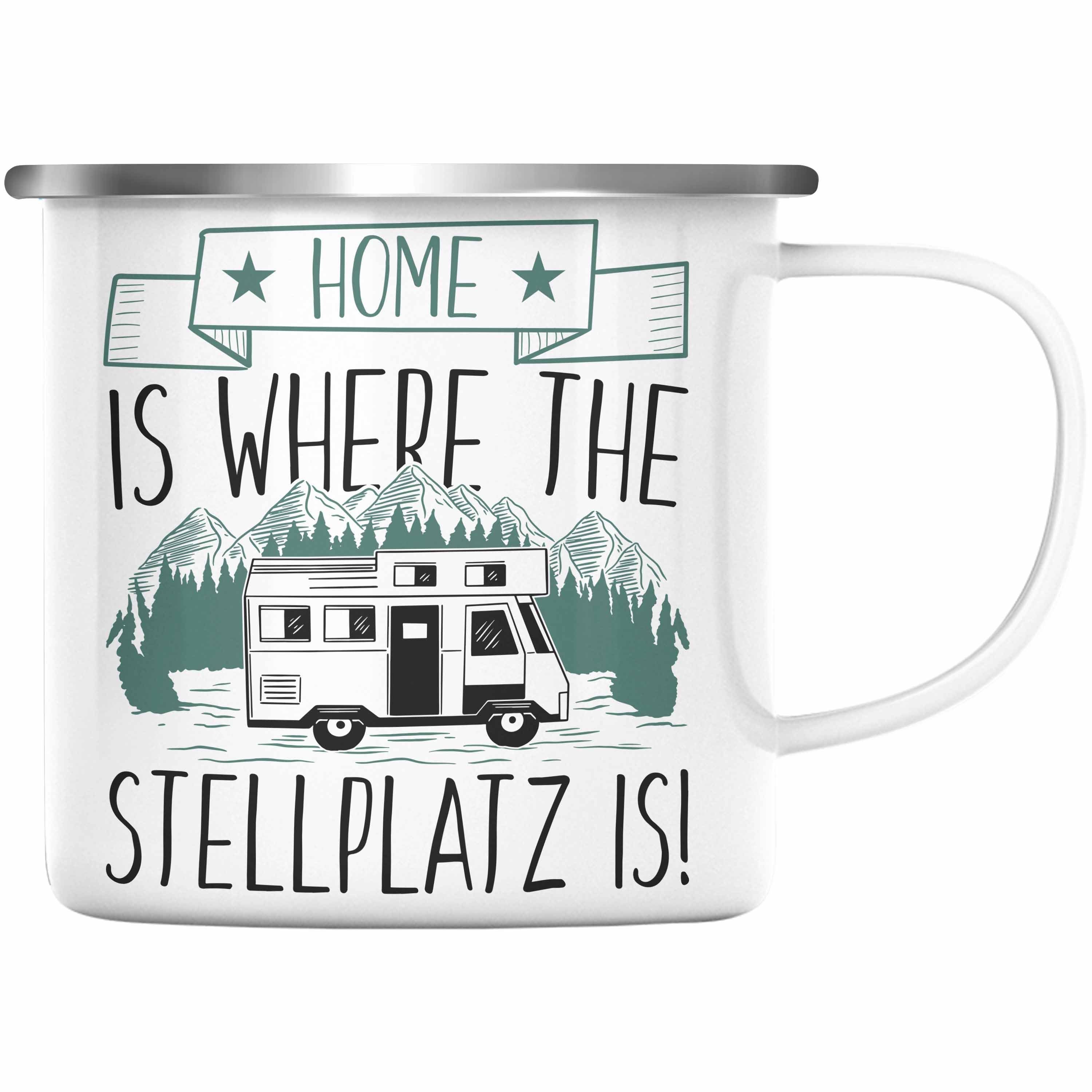 Trendation Thermotasse Trendation - Home Is Where The Stellplatz Is Emaille Tasse Geschenk Wohnmobil Camper Wohnmobilfahrer Geschenkidee Lustig Silber