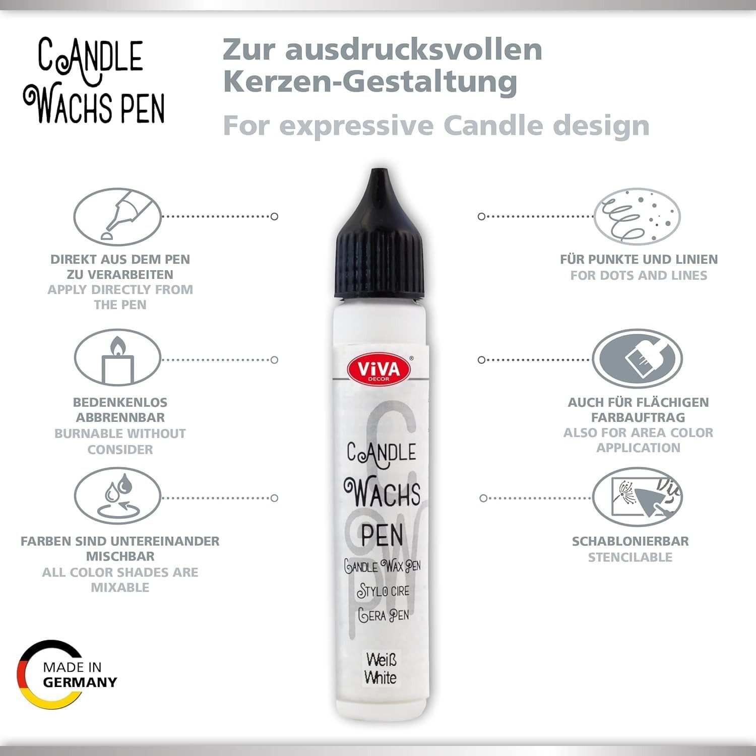LM-Kreativ Kerzenmalfarbe Wachs Pen Set Rainbow – 6 Farben je 28 ml, Kerzenstifte-Set, deckend, mischbar, feine Spitze