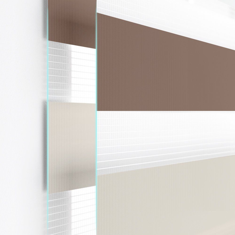 Doppelrollo Fensterrollos Ohne Bohren, Vkele, 130cm/160cm, klemmfix,klemmträger, Sonnenschutz, Lichtdurchlässig und Verdunkelnd. Weiß-Beige-braun