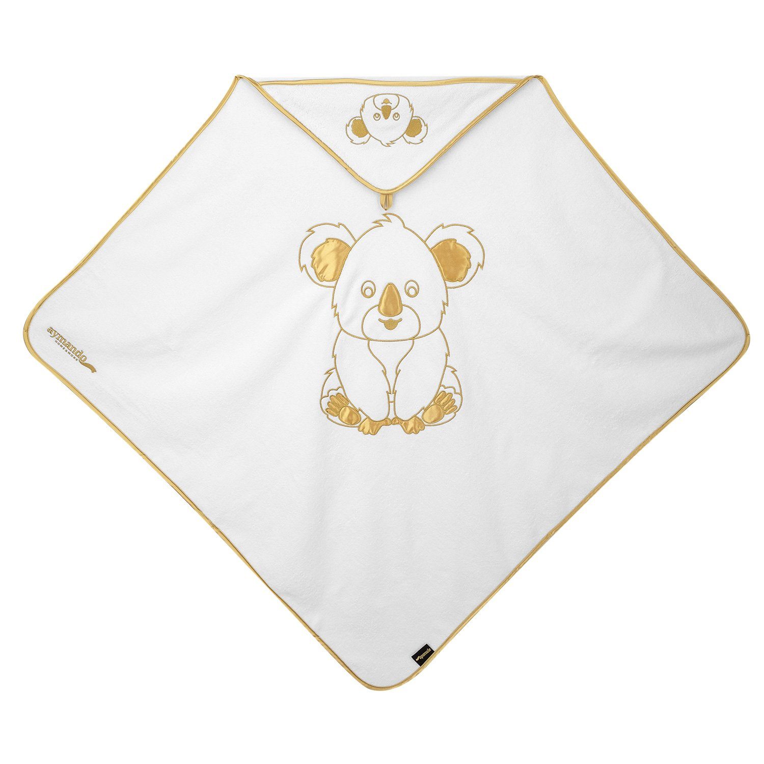 Kapuzenhandtuch Babybademantel Weiß-Gold gesticktes Set Garn Twist Baumwolle, 100% Wellness Koala, gold Waschlappen Zero Aymando Tiermotiv,