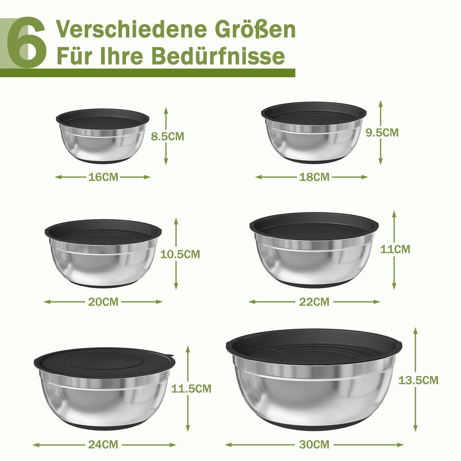 PFCTART Rührschüssel Rührschüssel Set Edelstahl mit Deckel, 6-teilig, Salatschüsseln, 4-Lagen-Latexkern, platzsparend, knickfrei auslaufsicher, (Set, 32-tlg), Mit 3 Reibeaufsätzen, luftdichten Deckeln & Küchenzubehör