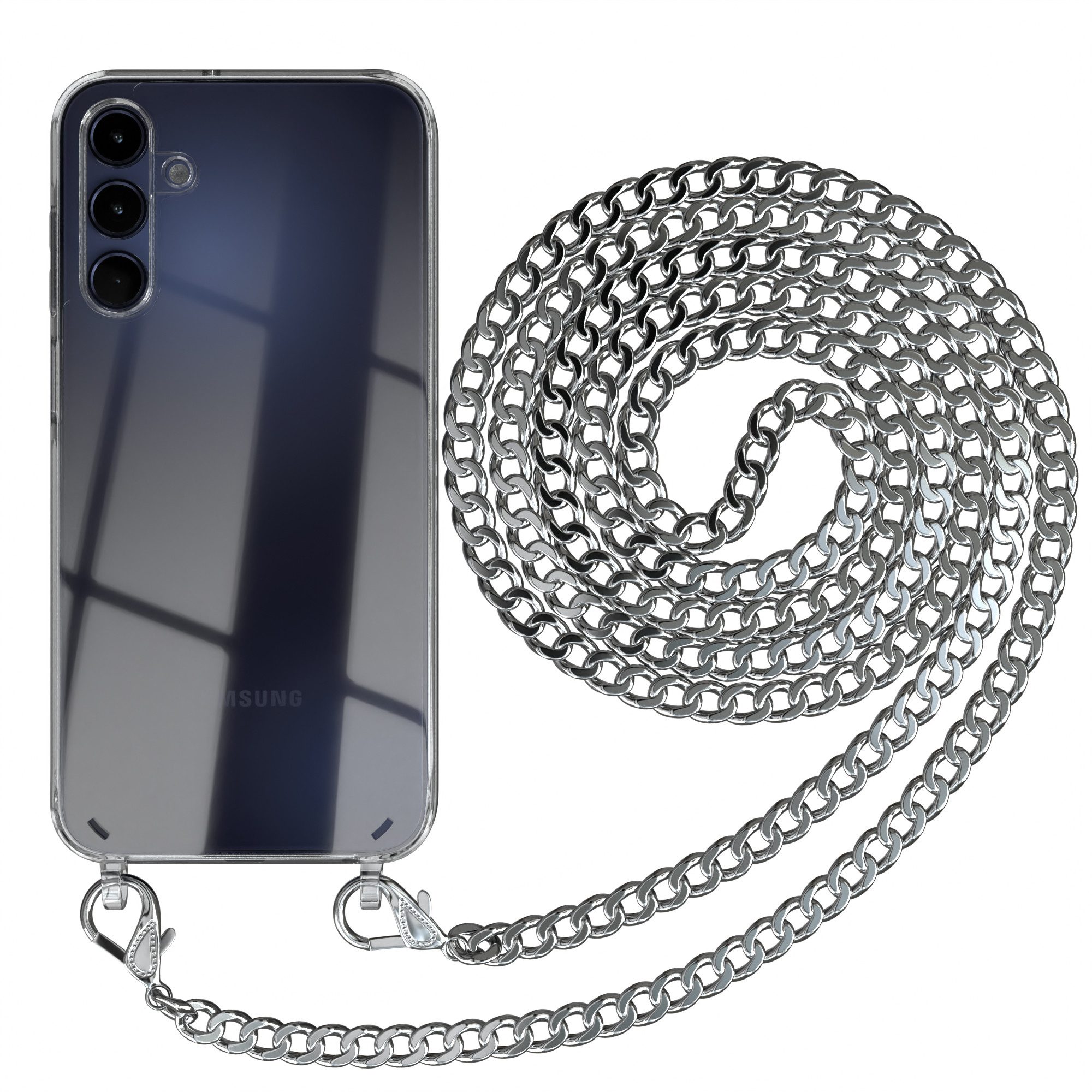 EAZY CASE Handykette 2in1 Metallkette für Samsung Galaxy A15 6,5 Zoll, Hülle mit Kette Metallkette Slimcover Handykette Umhängetasche Silber