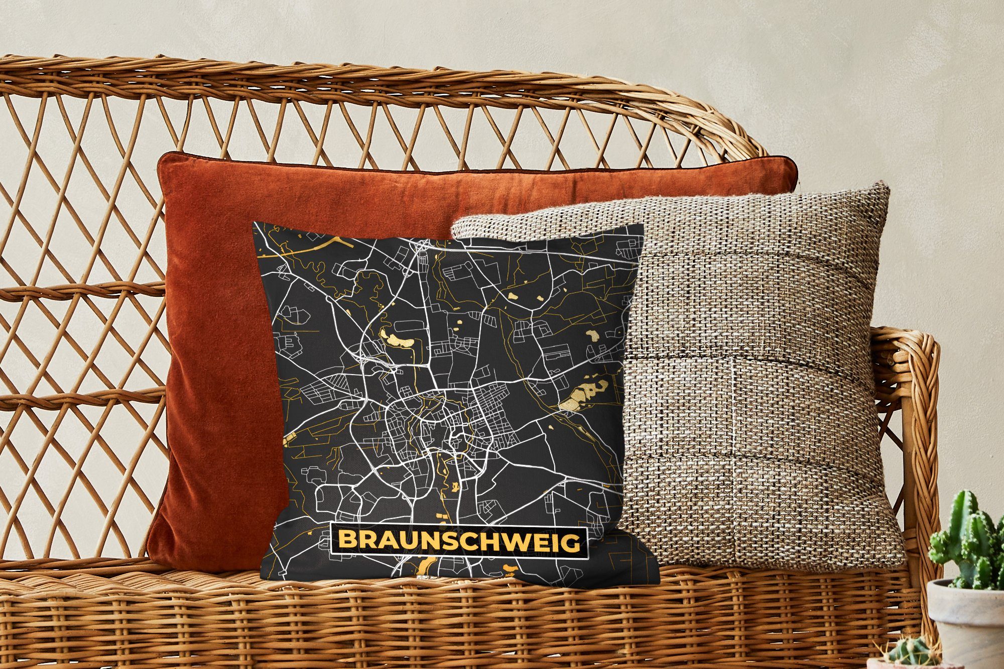 MuchoWow Dekokissen Braunschweig - Gold - - Deko, Karte - Stadtplan mit Füllung für Wohzimmer, Schlafzimmer, Zierkissen Deutschland, Sofakissen