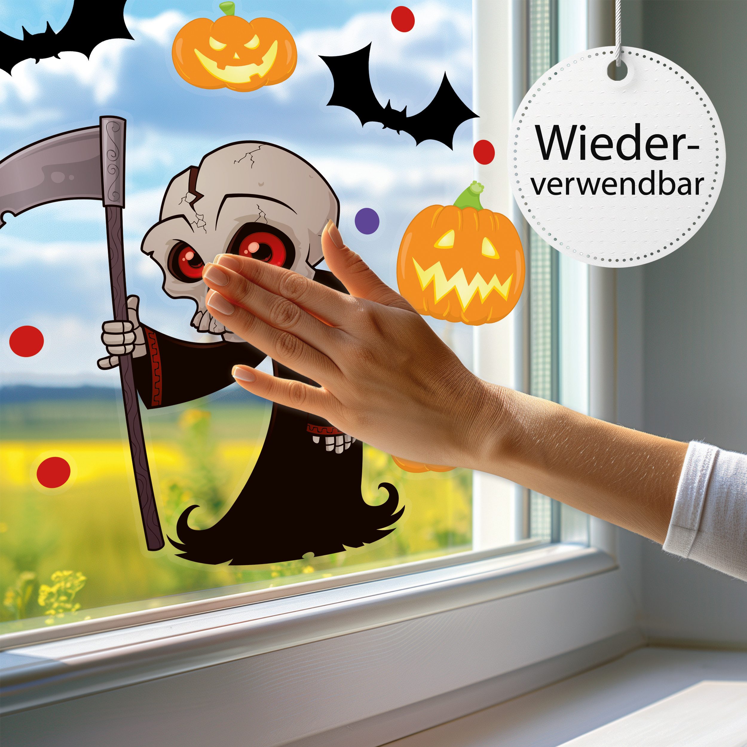 Sunnywall Fensterbild Fensterbild wiederverwendbare Fensterbilder Halloween Sensenmann, wiederverwendbar, statisch haftend, beidseitiger Druck
