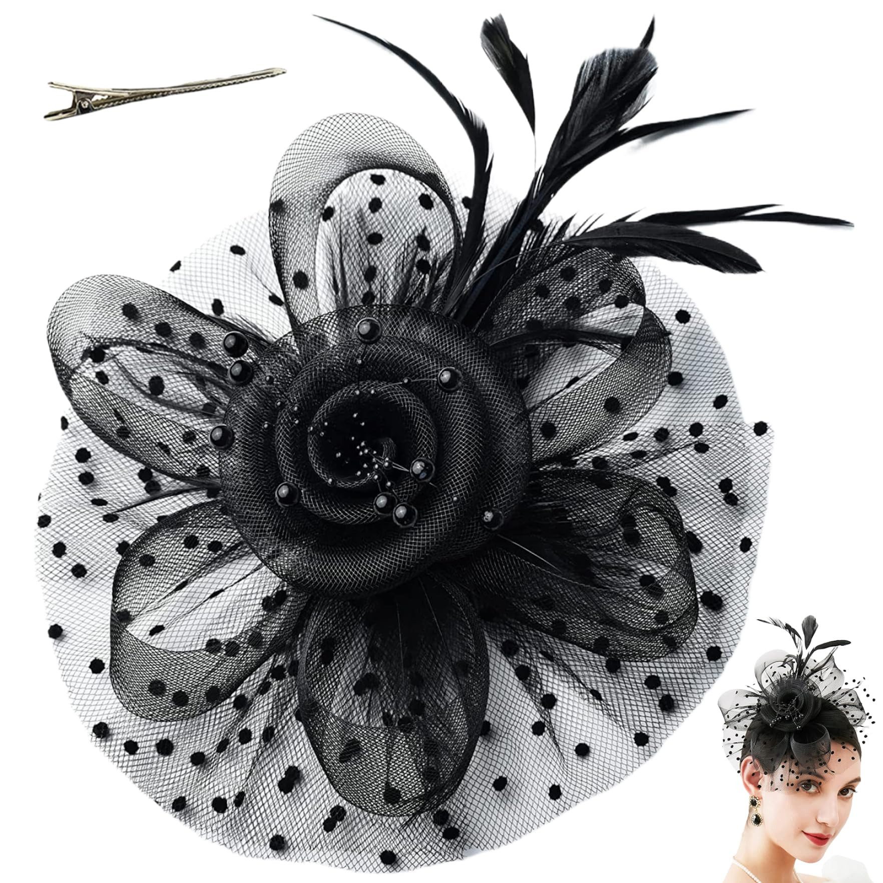 ZEUOPQ Schleier Fascinator Hut, mit Schleier Federn Blumen Mesh Stirnband Clip (1-tlg), Braut Kopfschmuck Hochzeit Cocktail Haarreif Fasching
