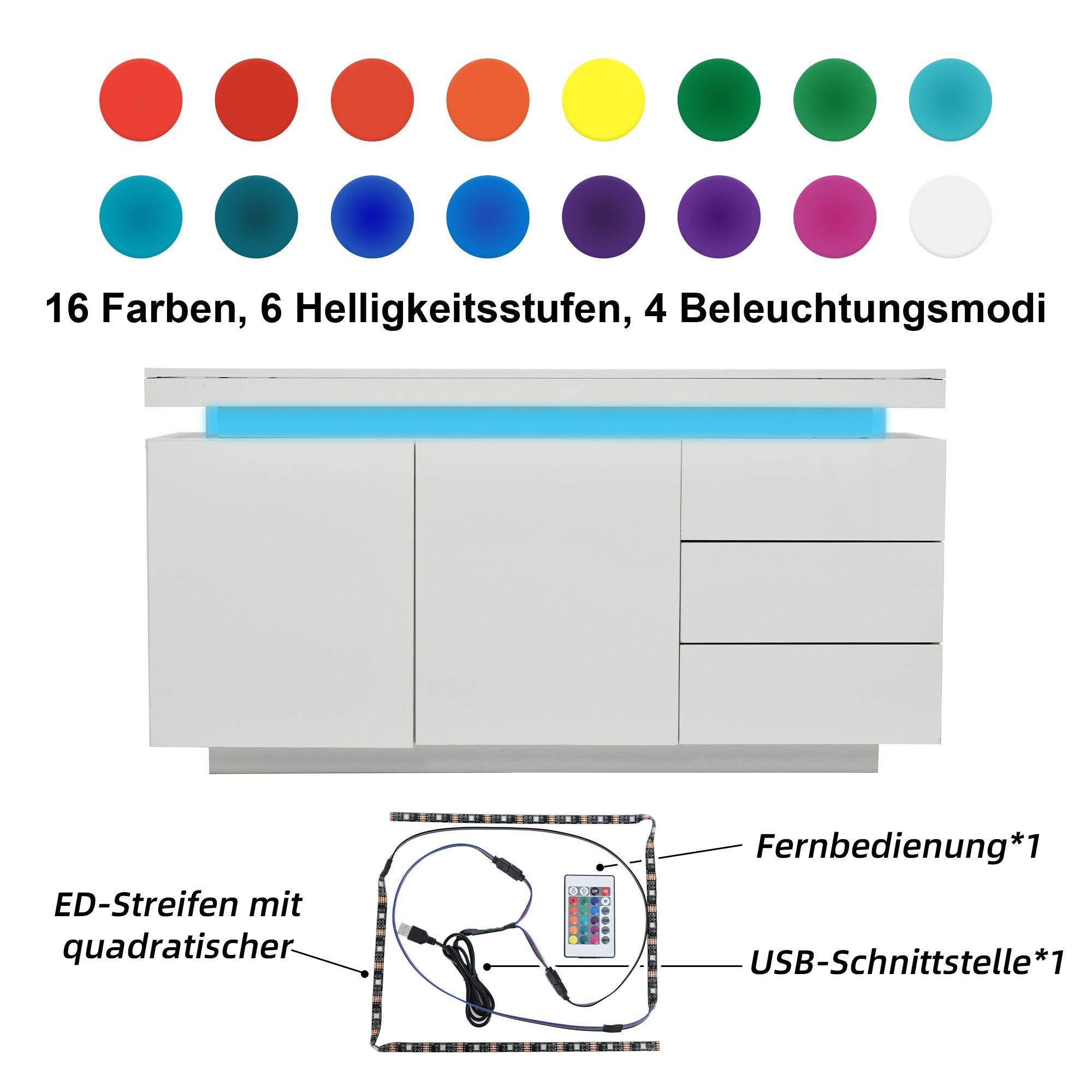 Merax Sideboard hochglanz mit LED inkl. Fernbedienung, Schubkastenkommode, günstig online kaufen