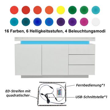 Merax Sideboard hochglanz mit LED inkl. Fernbedienung, Schubkastenkommode, Lowboard, Beistellschrank, Breite 140cm