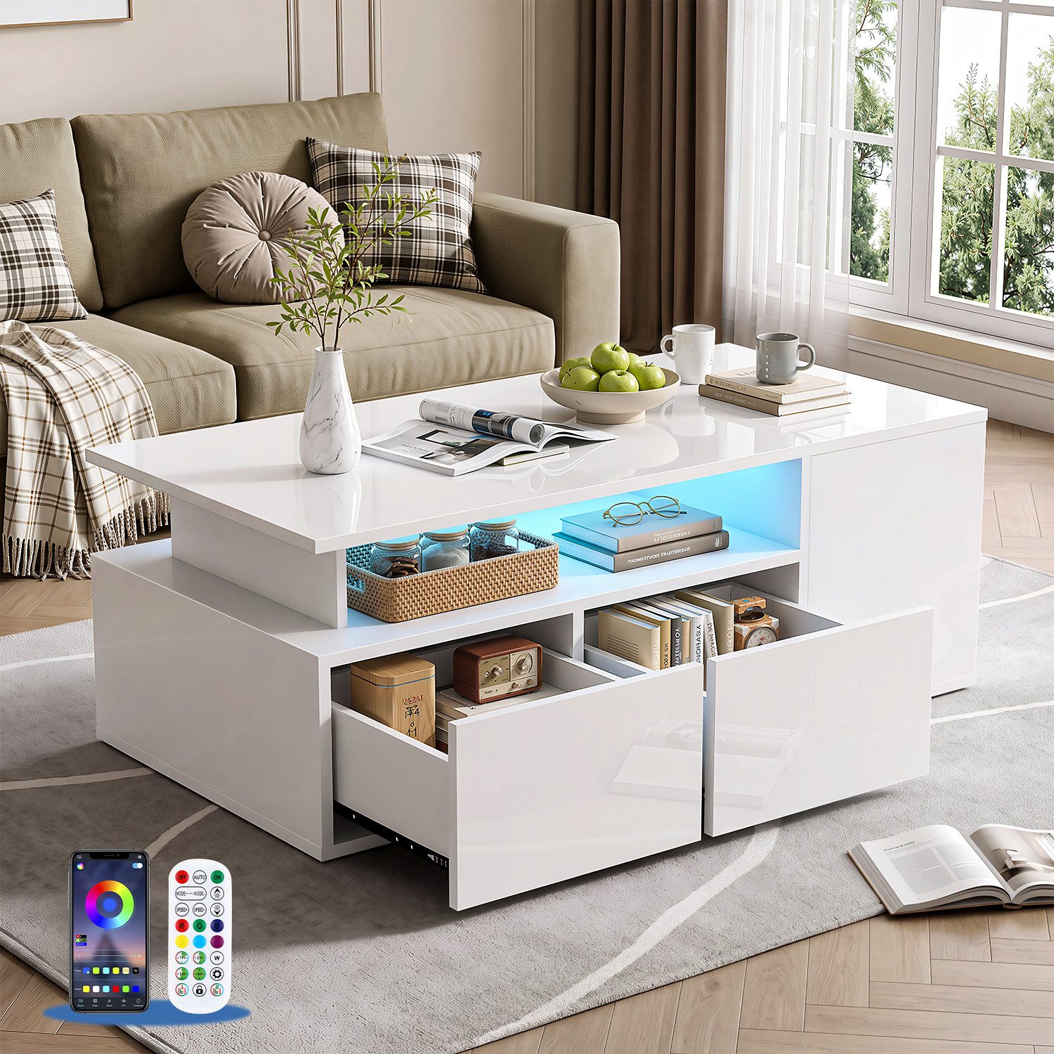 oyajia Couchtisch Wohnzimmertisch Hochglanz mit LED Beleuchtung & Fernsteuerung APP (Bluetooth-Fernbedienung.App-Steuerung, offenen Fächern,stabil, pflegeleicht, Hochglanz-Design), 100 x 50 x 35cm Beistelltisch,mit 2 Schubladen,Farbwechsel-LEDs