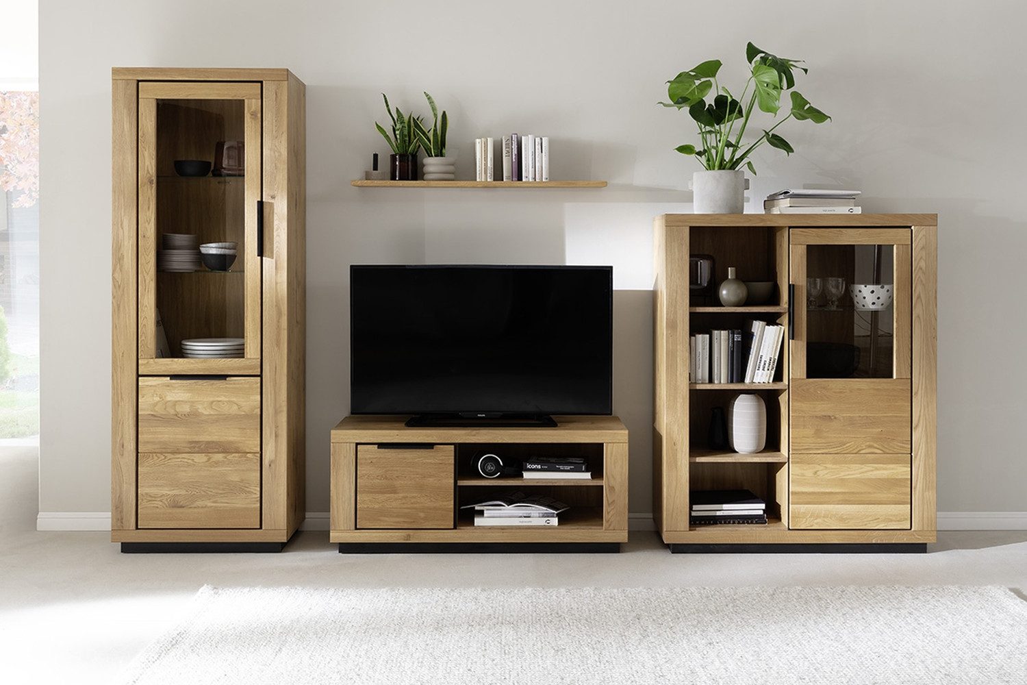 freiraum Wohnwand GRENO, in natur geölt, Wildeiche teilmassiv - 387x200x54cm (BxHxT)