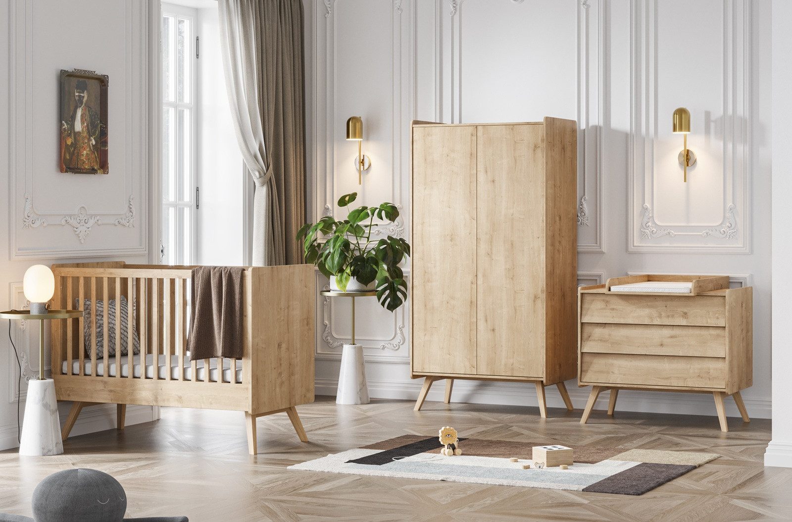 QMM TraumMöbel Babyzimmer-Komplettset Babyzimmer Vienna komplett Set A, (Set, 4-tlg., Schrank 2-türig, Kommode plus Wickelaufsatz, Baby- / Kinderbett 140x70), Kommode mit Wickelaufsatz