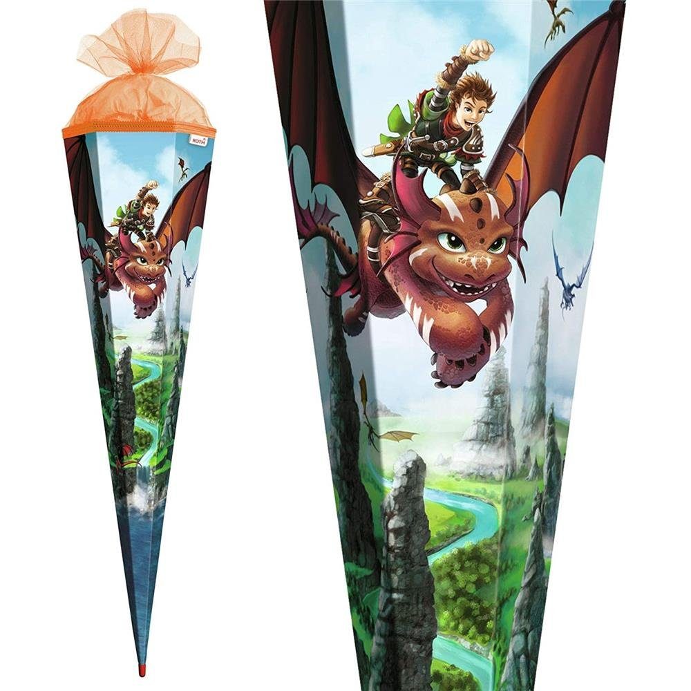 Roth Schultüte Drachenjäger, 85 cm, eckig, mit orangefarbigem Tüllverschluss, Rot(h)-Spitze